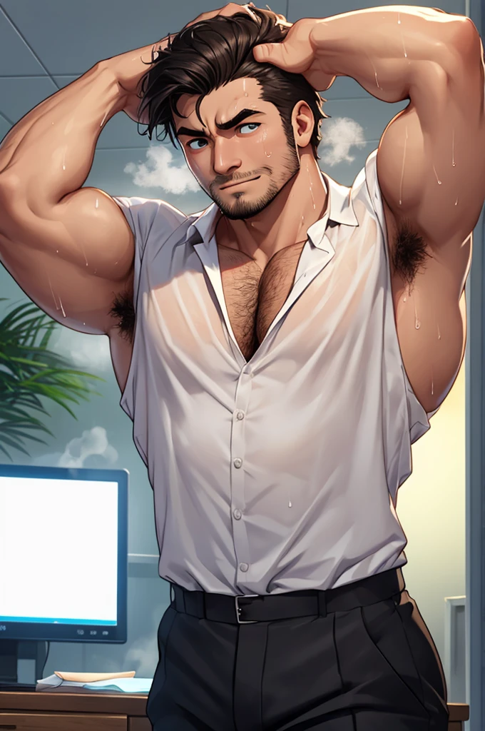 Muscular man with leather erotic lingerie, 45 years old, without beard or any hair on his body, with black strap-on, with a big lump, with very long brown hair, green eyes, sensual lips, nose piercing, very beastly, very erotic, very sensual, very sexual