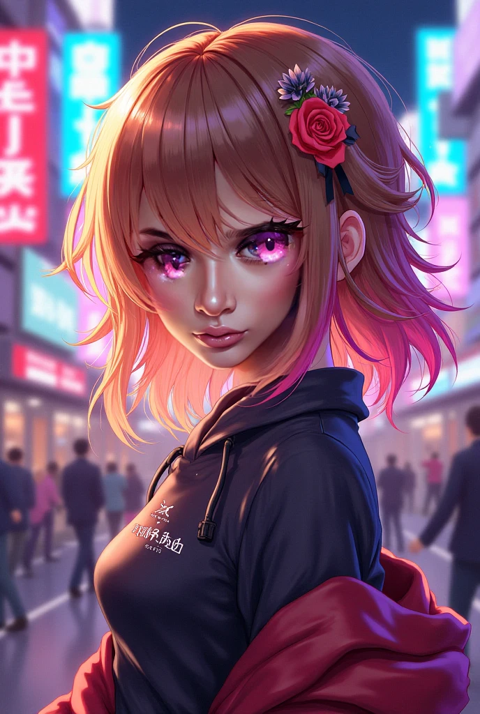 Make an image of something that looks very aesthetic with neon lights, make an image of a neon bar, also add a beautiful girl in the front facing the viewer and various people in the background, make her look prettier, she's wearing more jewellery, give a front view of her, straighten her posture, she's wearing a pink skirt