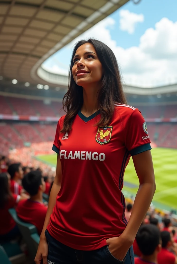 Curvy and beautiful Latina wearing a Southampton F.C shirt, extremely busty, extremely endowed, 8k, realistic