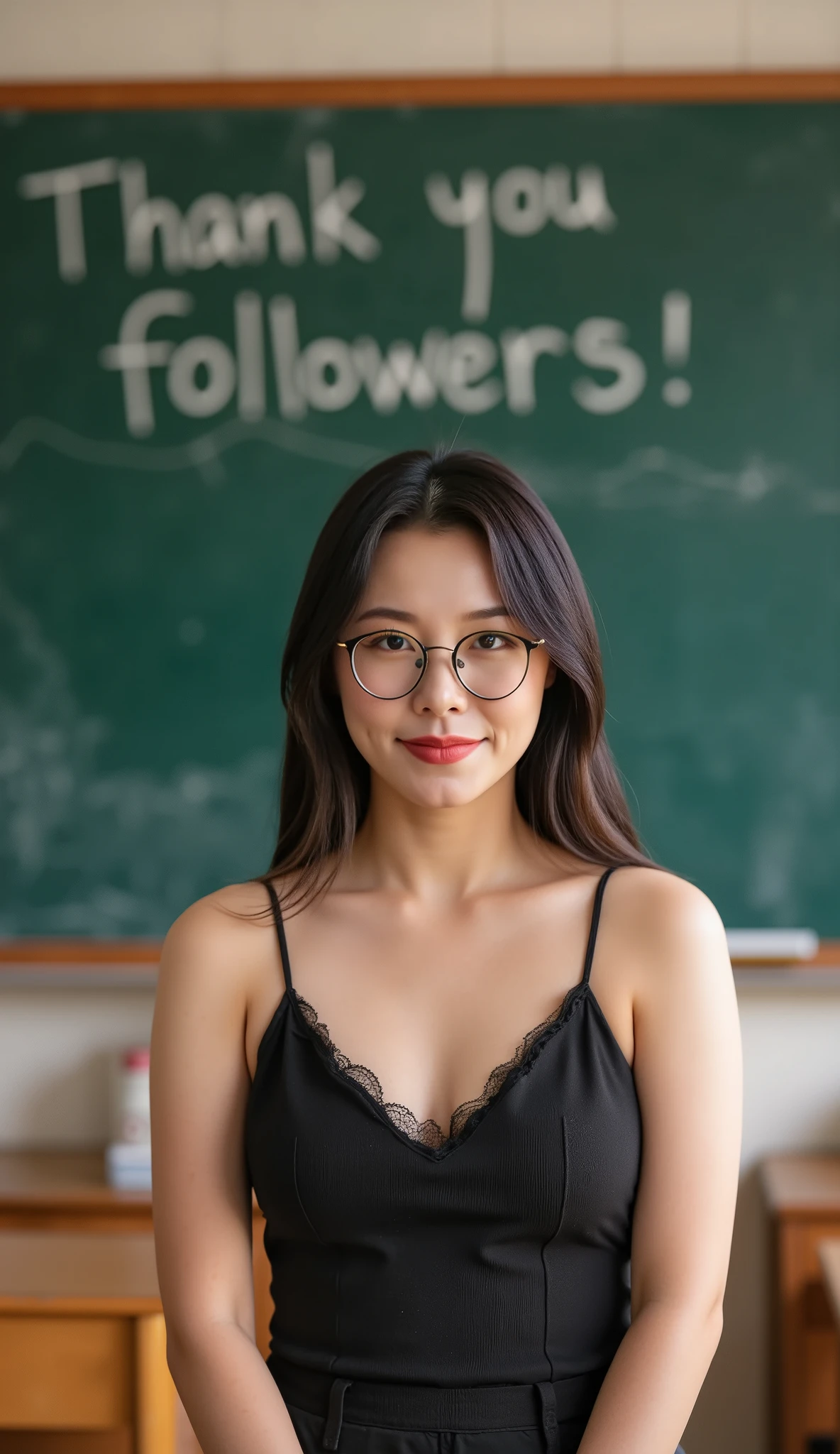 (Best quality, masterpiece), 1 girl, classroom, in front of the blackboard, ("Thank you followers" written on the blackboard: 1.8), glasses, , 1 girl, young female teacher, (big breasted woman, deep cleavage: 1.4), ( goose bump: 0.7), beautiful face, (eyeliner, lipstick: 0.9), 4K, 8k, ultra high resolution, high resolution, detailed background, background, wh3ein