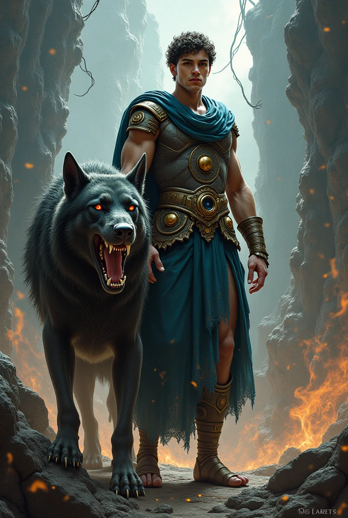 Hades holding Cerberus by the neck
