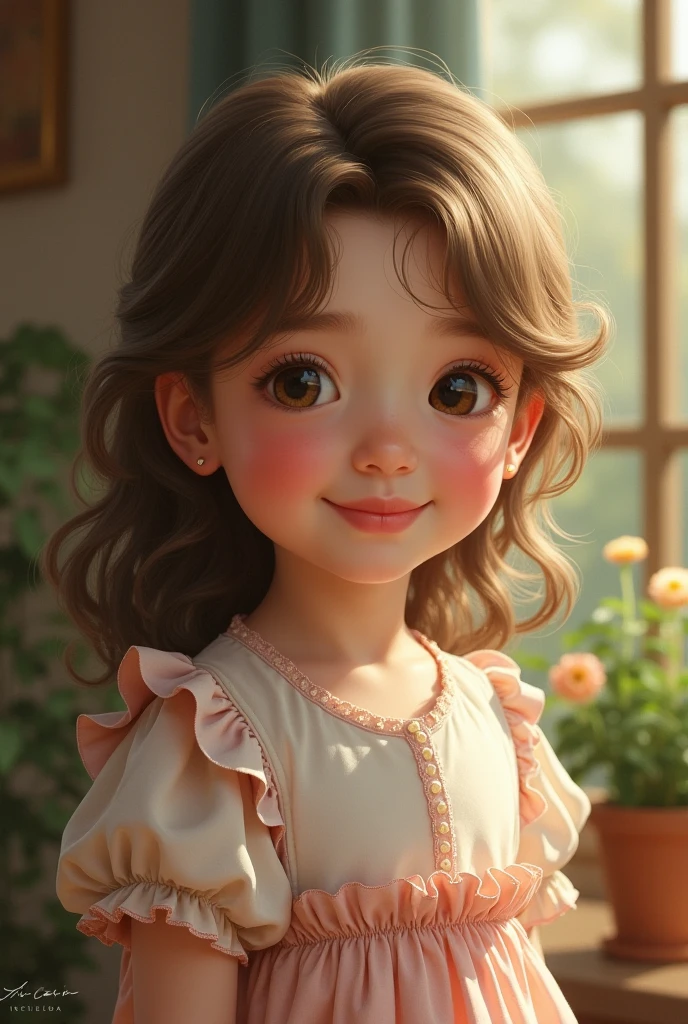 brown hair, brown eyes, fair skin, baby girl,chubby face, soft lighting, smiling happily