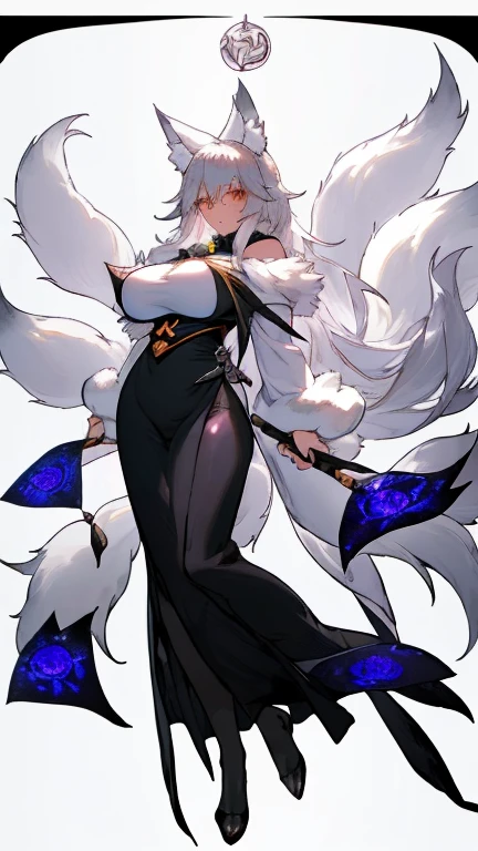 high resolution, kitsune, fox girl, anime, busty, silver white hair and fur, silver fox ears, silver fox tails, mage, spell caster, fantasy mage clothing, full body, , character reference sheet, solo, long hair, sfw, vtuber, beautiful, white background, open eyes, standing, tall,