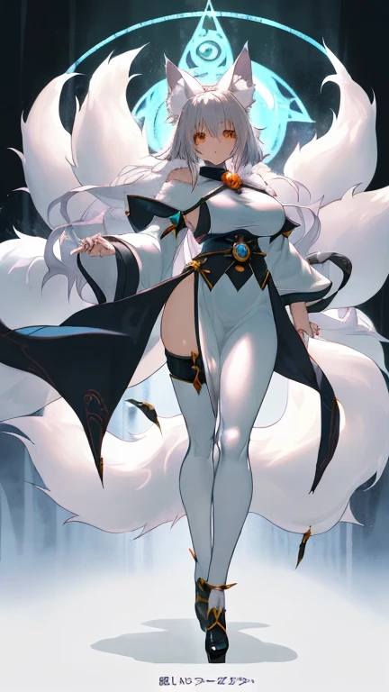 high resolution, kitsune, fox girl, anime, busty, silver white hair and fur, silver fox ears, silver fox tails, mage, spell caster, fantasy mage clothing, full body, , character reference sheet, solo, long hair, sfw, vtuber, beautiful, white background, open eyes, standing, tall,