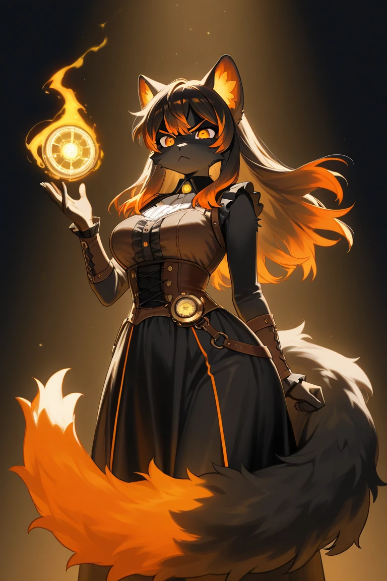 Bunny wind demon, brown fur, cream belly, yellow star makings, channeling wind magic, ginger hair, emerald eyes, bunny ears, bratty expression