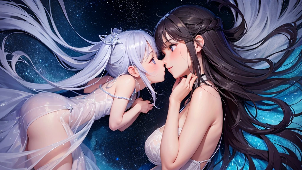 ((masterpiece、Super detailed、intricate details、high quality、clear、delicate、Accurate、An illustration))、girl（（（silver hair、18-year-old、150cm、40km、C cup、shyness、blush、expression of ecstasy、Ahe face、sticking out tongue、Watery eye、thin、torn clothes、cleavage exposed、luxurious dress、shining tiara、Both arms tied behind the head、legs spread and tied、the navel is exposed、Overflowing Eros）））、full moon、moonlight、full body figure:1.4、Overall view、view from a distance、comets、looking straight ahead、bdsm（（（Lockでbondage、leash and leather collar、Silver shackles、silver shackles、slave、Lock、bondage、bondage、Tattered Dress）））
