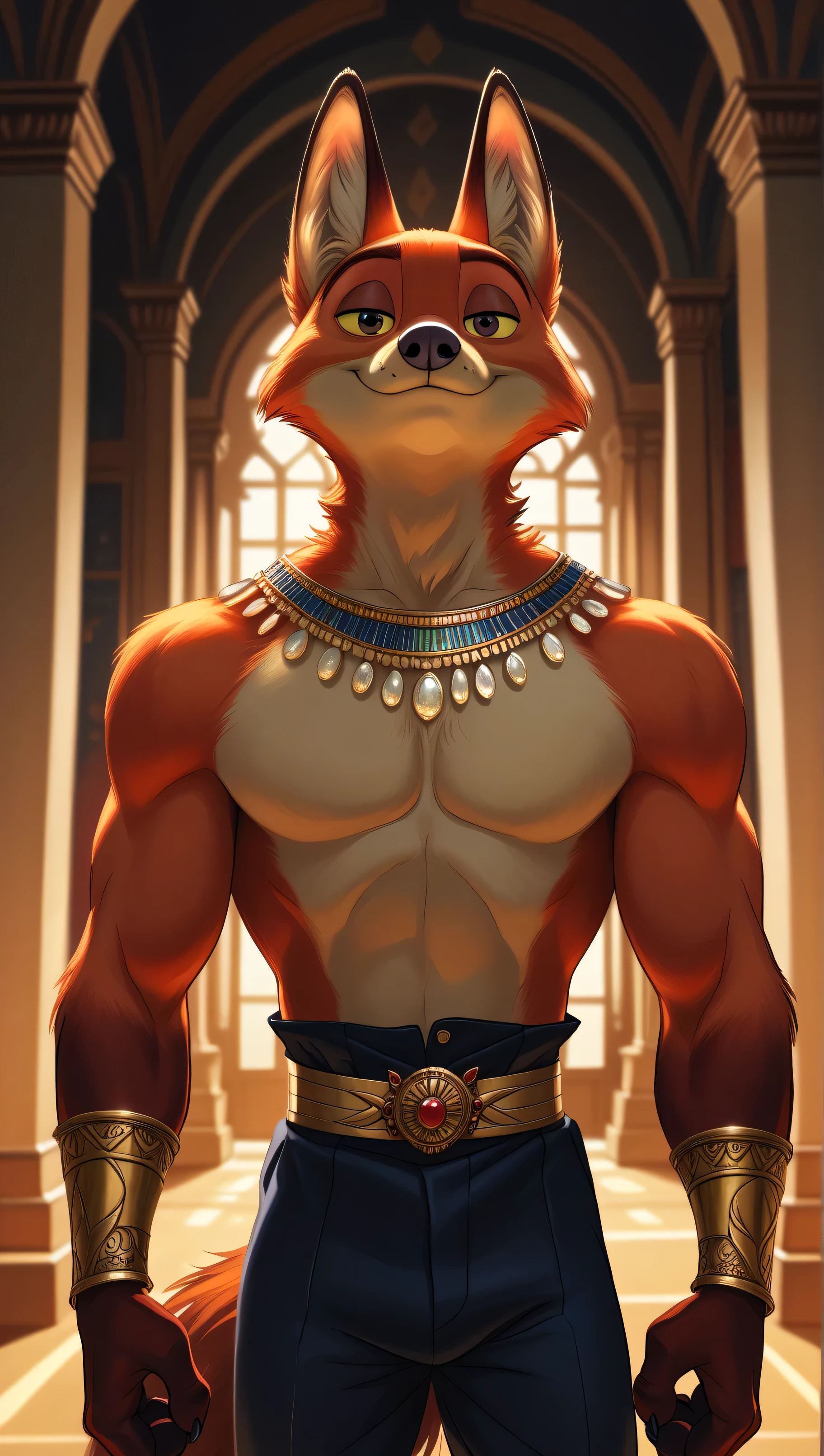 NickWilde fox brown eyes, yellow sclera, solo, detailed, detailed face, black eyes, anthro body, male, adult, muscular, cartoon shading, cel shaded:1.0, flat colors, (no background, white background):1.5, shirtless, wfa style, negger style, cartoony anatomy, above waist, looking at viewer, posing, smile