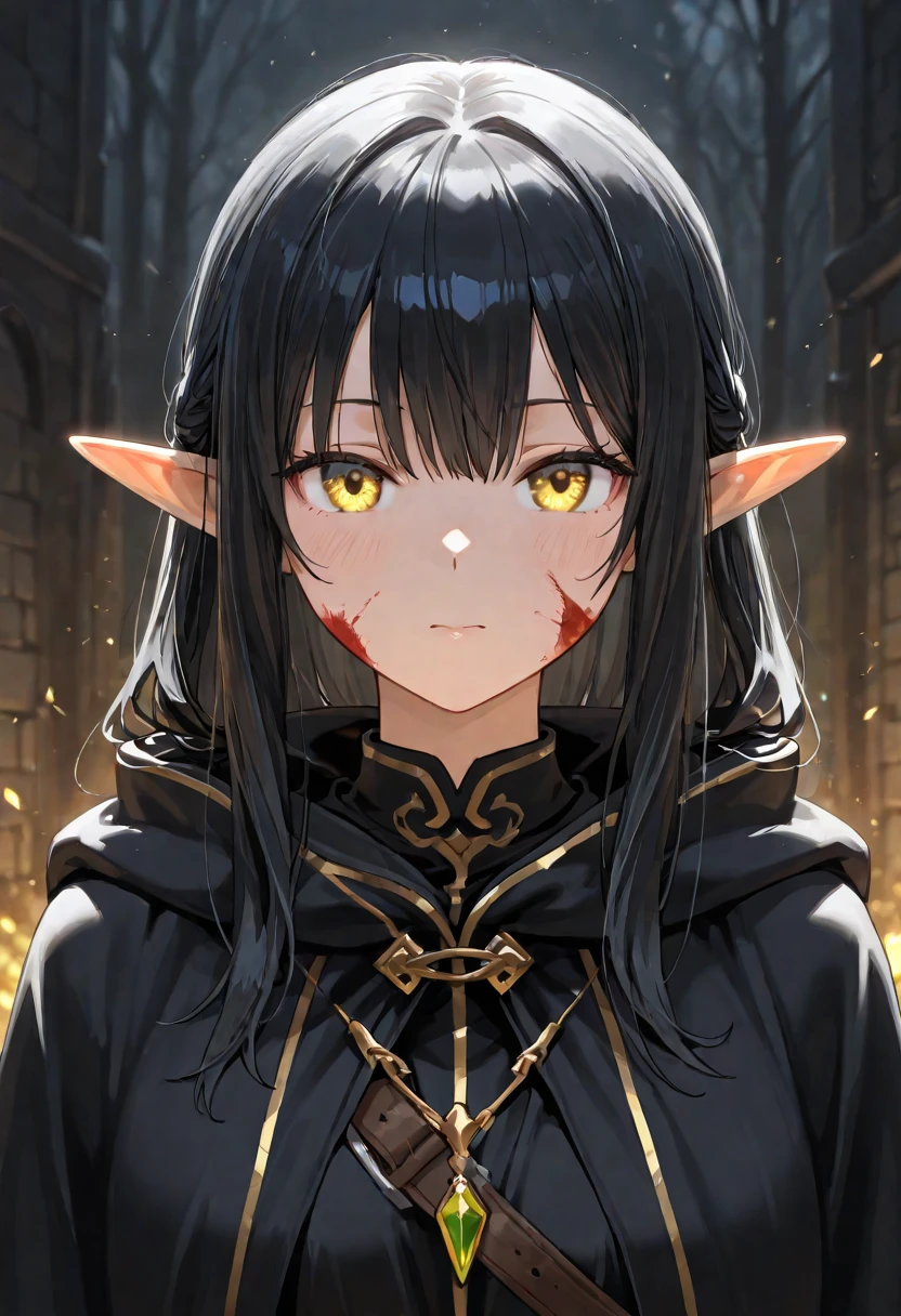 half elf, mature woman, dnd, adventurer, black cloak, elegant, long black hair, sun light, bust shot