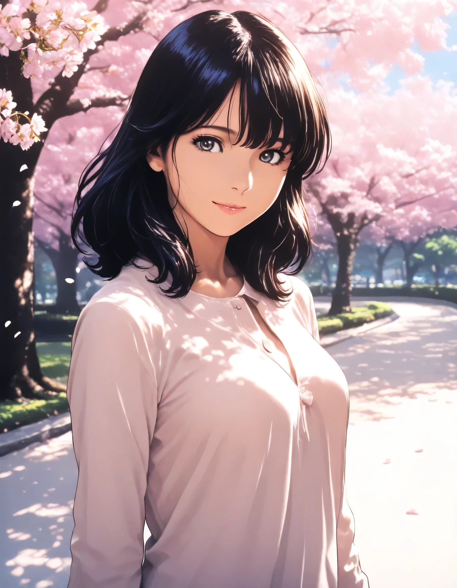 High resolution, 8k, Highest quality, detailed, Semi-realistic anime, Anime 3D Style, Smooth anime CG, One Girl, A 20-year-old Japanese woman, slim, Modeled, Shiny brown hair, detailedな顔, Beautiful and detailed, Glowing Skin, Hard Focus、Film Grain, Soft lighting, Looking at the audience, Laughter, (A woman wearing a light-colored casual coat), A street lined with cherry blossoms in full bloom、Pink petals falling