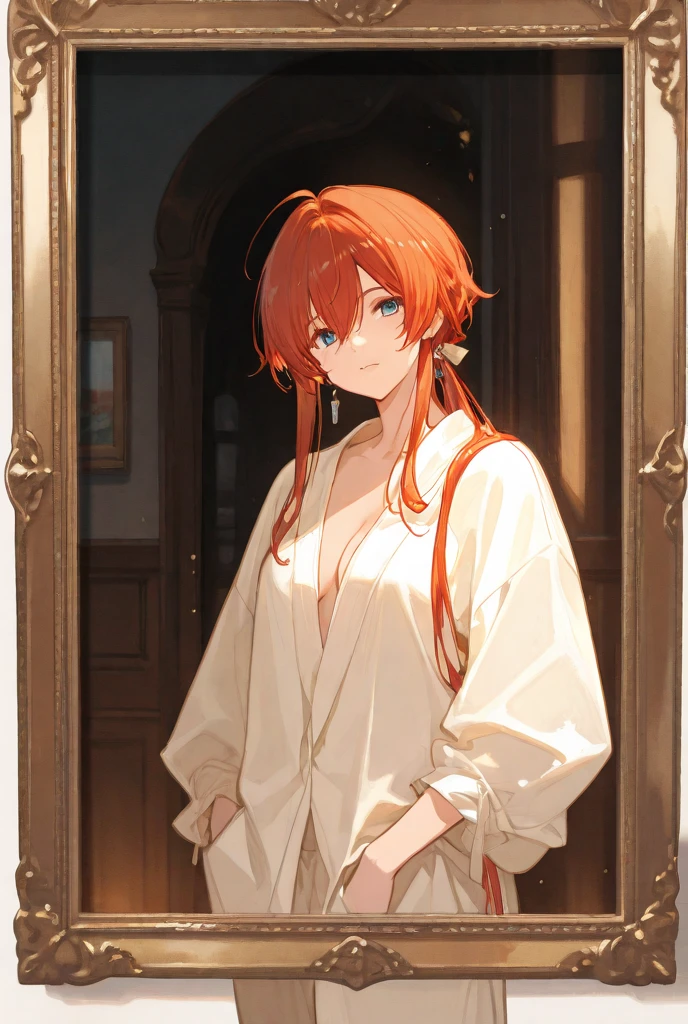 (Masterpiece), Best Quality, ultra-detailed, 1girl (Gwendolyn_Tennyson, beautiful face, breasts, naked body, orange hair, short hair, green eyes, half-closed eyes), detailed face,a come-hither face , parted lips, nose blush, blush , facing viewer, looking at viewer, solo, Medieval costume, toga, bare one shoulder, white dress , bows ,forest, night time, dark lighting, in the mountain cabin, standing, sexy waist teasing, come-on, cowboy shots, sexy posing