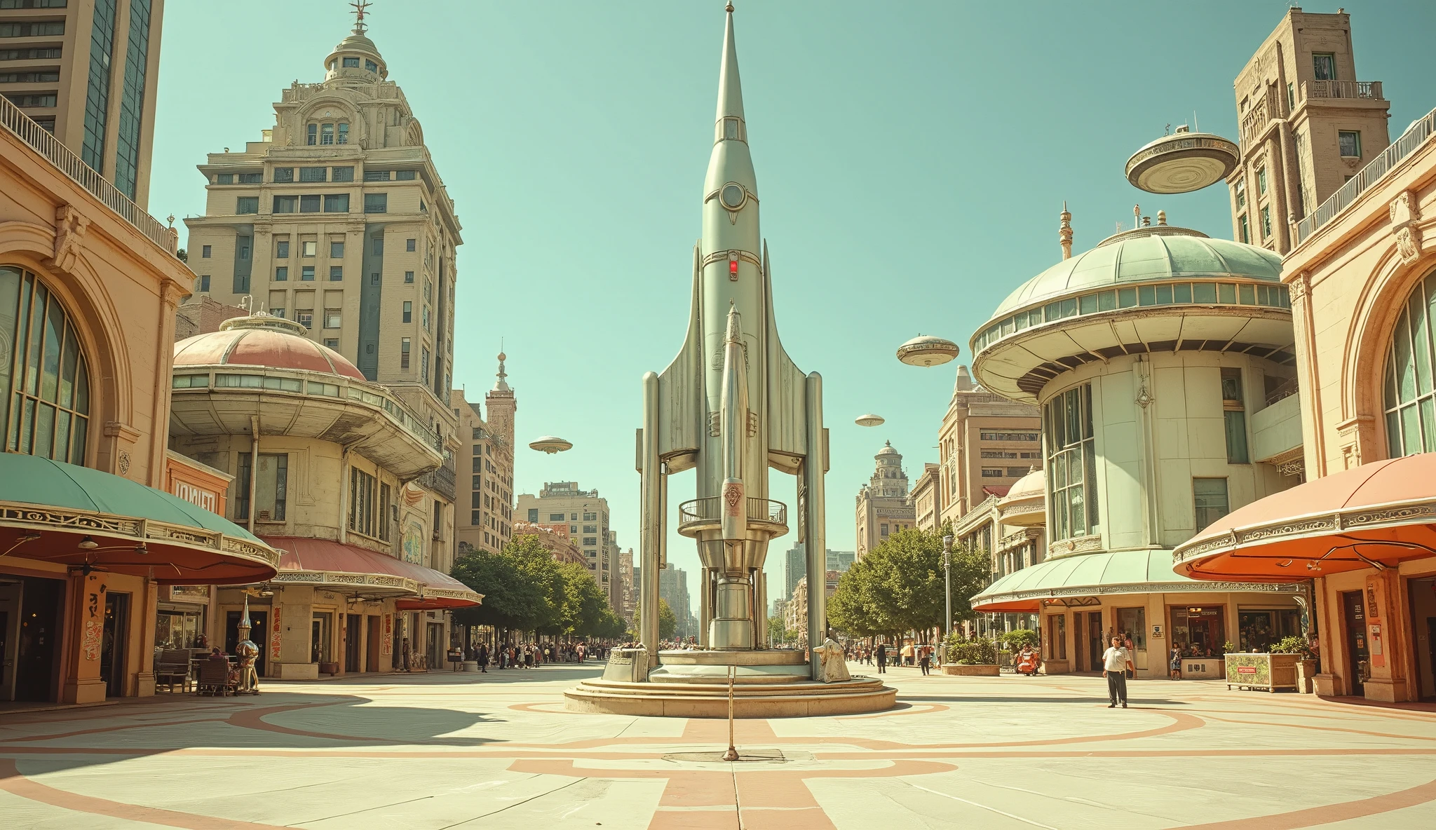 Assembly dome seen from the outside, in a retro-futuristic 1950s style. In the background is a retro-futuristic city. And the walls feature geometric patterns and futuristic murals. The atmosphere is hectic, capturing the energy and diversity of this imagined society. The overall scene combines vintage futuristic design with a sense of community and readiness for adventure.