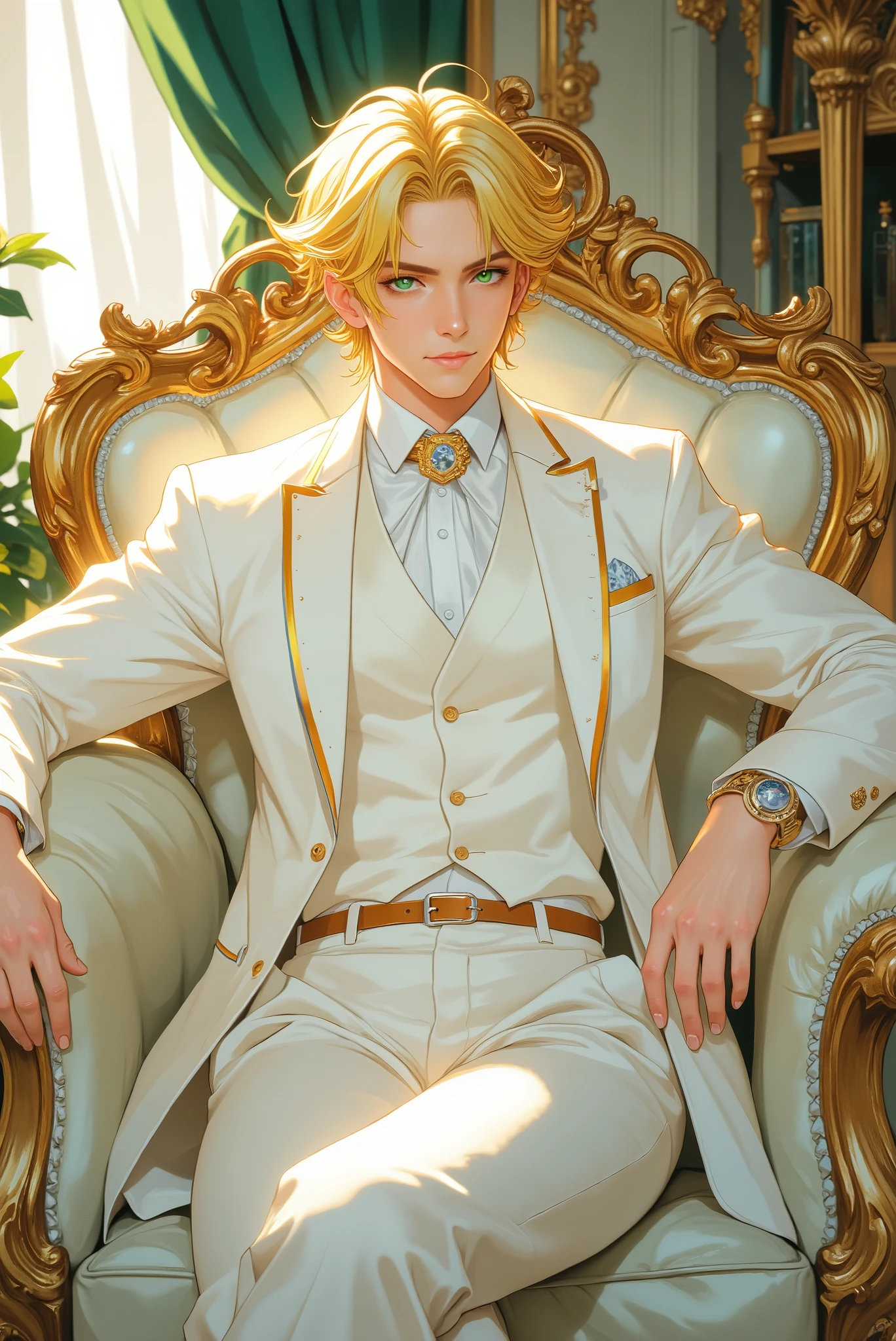 Homem loiro. looking young. Estilo: anime. green eyes. Realeza. formal white clothing . Ambiente: mansion. Sitting on a luxurious white sofa. Smile at the corner of the mouth. Leg bent above the knee.