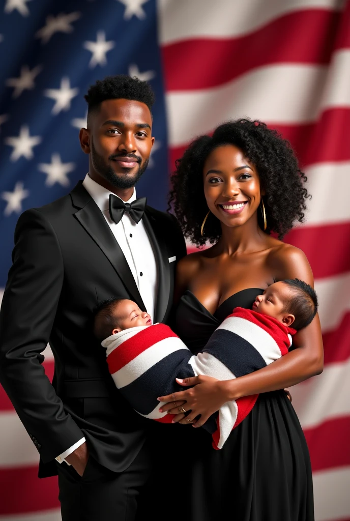 Beautiful fashionable pregnant girl ,next to a boy with short curly hair hugging a black chihuahua dog next to a tall man with a black beard wearing reading glasses , Nike flat cap and Nike shoes with USA flag background on the back