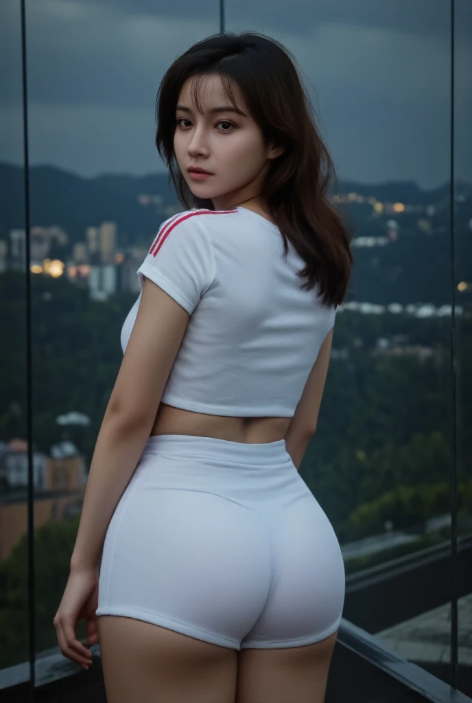 high resolution, masterpiece, best quality, real picture, 8K UHD, 1girl, solo, (shiny skin:1.1), pale skin, perfact face, perfact eyes, (large breasts:1.3), (thin thighs, narrow waist, thigh gap:1.3), (brown short hair:1.3), (blush:1.3), (beautiful gorgeous cute korean girl:1.3), (outdoors), (white t-shirt), dolphin shorts, (cameltoe:1.2), looking back, bent over, from behind, ass viewer, <lora:add_detail:0.77><lora:koreanDollLikeness:0.3> <lora:kor_insta_girl_v11:0.3> <lora:dolphin_shorts_v0.1:1>