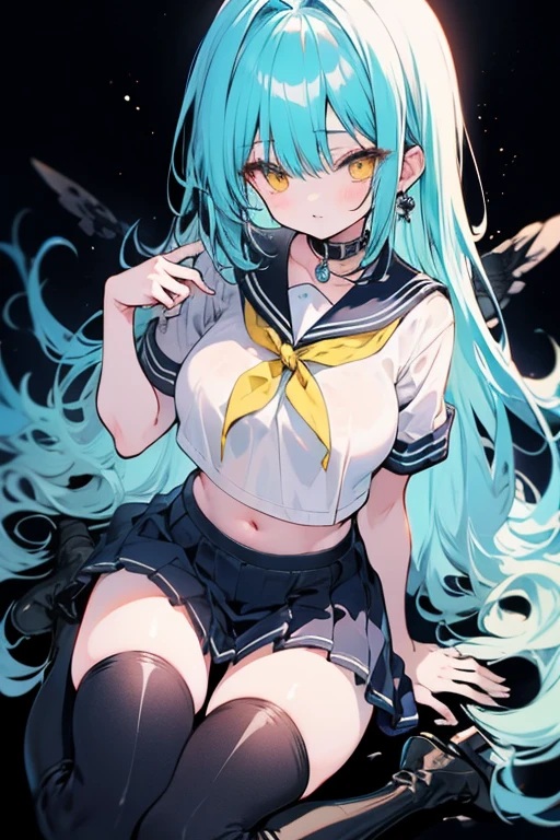 highest quality, masterpiece, High resolution, alone, 1 girl, ligt skirt, ((show panties)), striped panties, yamakazeKC, 1girl, solo, long hair, skirt, hair ornament, thighhighs, ribbon,, hair ribbon, ponytail, detached sleeves, serafuku, hairclip, neckerchief, parted bangs, blue neckerchief