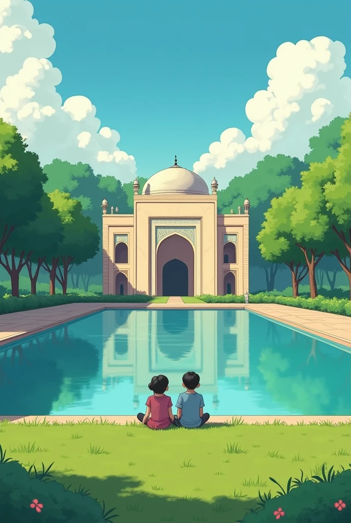 Nobita and Suzuka near a tajmahal on chair rainy season