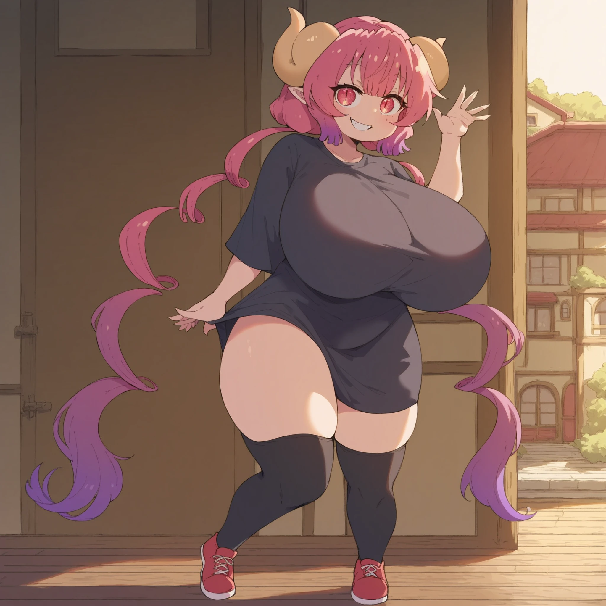 Masterpiece, high quality,Best Quality,
canine, skin canine,perla \(maidragon\),
perla, 1 girl, Alone, looking at the viewer, blush, SMILE, Open mouth,  shirt, Thighs, dress,clavicle,  short sleeves, :d, shoes, black Thighs, black dress, black shirt, two low tails, red footwear,swollen lips, Painted lips, thick lips, Wide hips, Thighs gruesos, huge ass, longing for expensive lust , huge huge natural breasts,Pool, Rosa bikini, giant breasts,