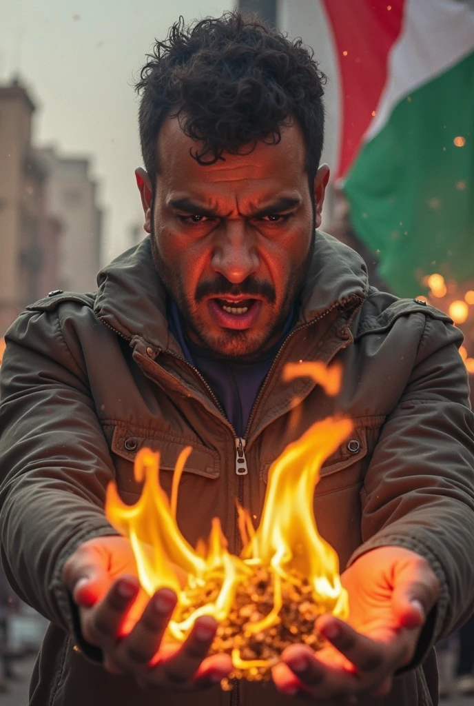 Palestinian Man wearing a black shirt decorated with Palestinian flag fire everywhere ,explosion, divasting buildings. In middle of the street. Realistic photo accurate.