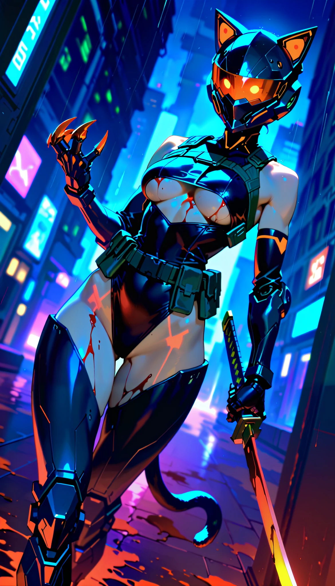 Best quality, masterpiece, (((1girl))), (((solo))), dense cyberpunk city background, dense city street, neon lit street, raining, night time, wet skin, cyberpunk, anime, full-face helmet with cat ears, black helmet, red glowing cat ears, hourglass figure, toned body, athletic, skimpy clothing, (((black leotard))), underboob cutout, (((underboob))), black tactical gear, skimpy tactical gear, (((holding katana))), (((covered in blood))), (((blood splatters))), (((blood everywhere))), (((blood all over body))), (((gore))), (((sexy pose))), (((view from very low))), (((cat eyes visible in helmet))), black thigh highs, red and black tactical gear, glowing neon red katana blade, (((blood dripping from katana))), (((mechanical cat tail))), ((segmented cat tail) (((glowing neon red cat tail))), (((glowing neon red claws))), (((glowing neon red helmet visor))), tactical chest harness, tactical knee pads, tactical elbow pads, tactical gloves, (((tactical utility belt))), (((tactical body harness))), (((cybernetic legs))), (((cybernetic lines on skin))), (((dutch angle))), (((hand in claw shape))), (((hips cocked))), shoulders visible, black arm bands on biceps, (((medium breasts))), cybernetic legs, (((mechanical claw feet))), (((walking towards viewer)))