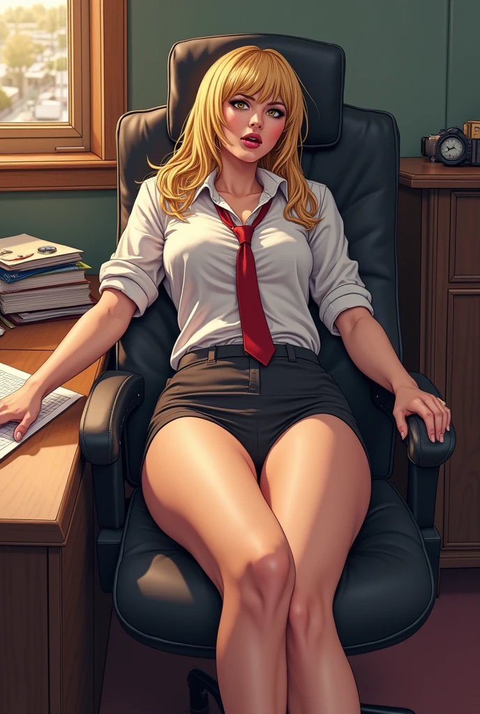 AI character full body, centered image:1.4, A sexy and sensual teacher, in her classroom wearing a shirt with a deep neckline, legs crossed sensually, sitting on her desk:1.3, beautiful legs, holding a book, wearing glasses, beautiful hair, (best quality, 4k, 8k, high resolution, masterpiece:1.2), ultra detailed, (realistic, photorealistic, photorealistic:1.37), elegant, chiaroscuro lighting, dramatic lighting, cinematic, fashion photography, highly detailed face, detailed eyes and lips, intricate details, idyllic magical halo image