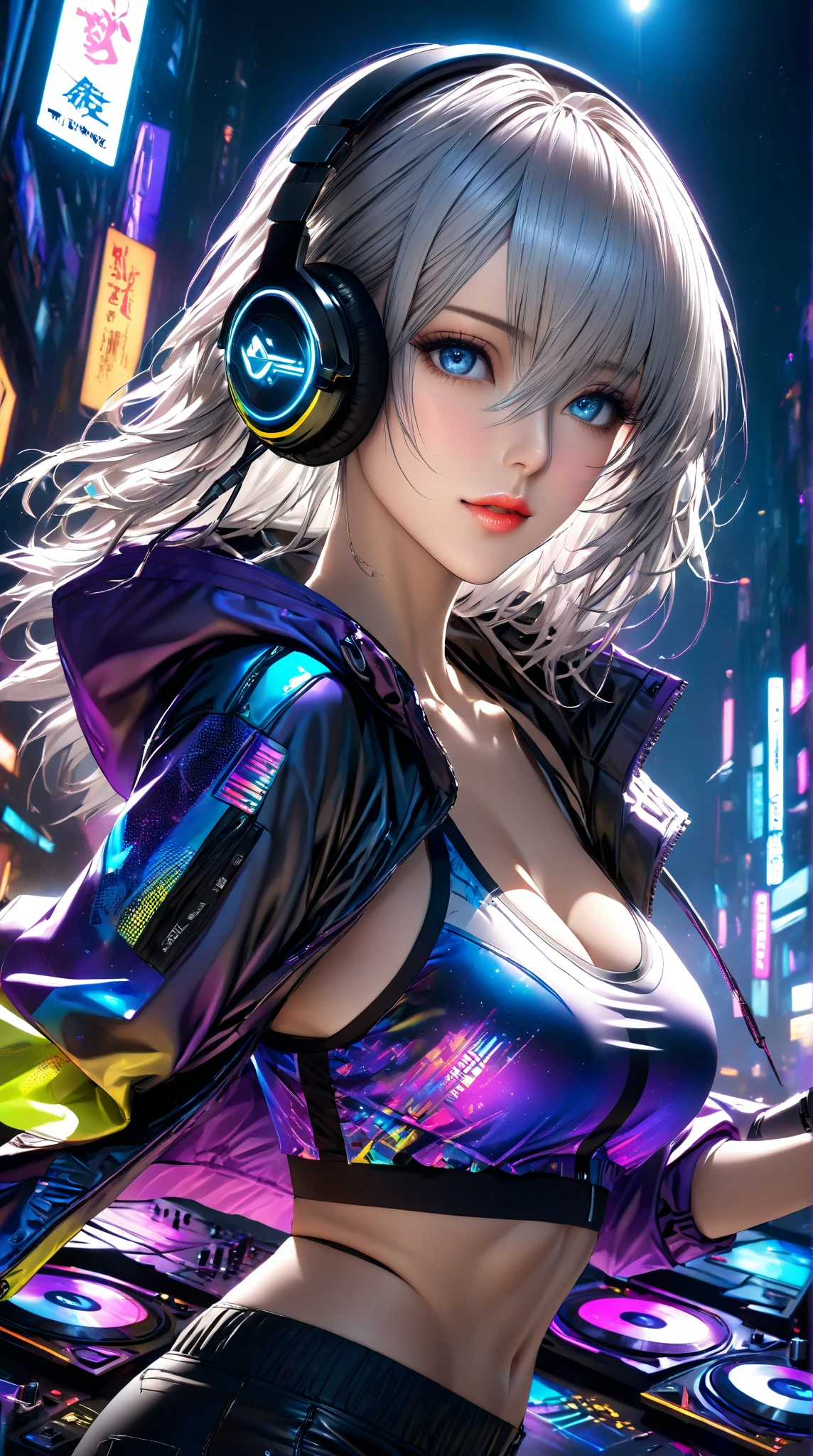 1girl, bangs, white hair, blue eyes, fashi-girl,bob cut,short hair, cleavage, collarbone, open jacket,mecha,cyberpunk,neon lights,large breasts,mature female,shiny skin,rain,water drop,badass,alluring,mecha musume,ghost in the shell,red lips,looking to the side,closed mouth,headphones,cinematic lighting