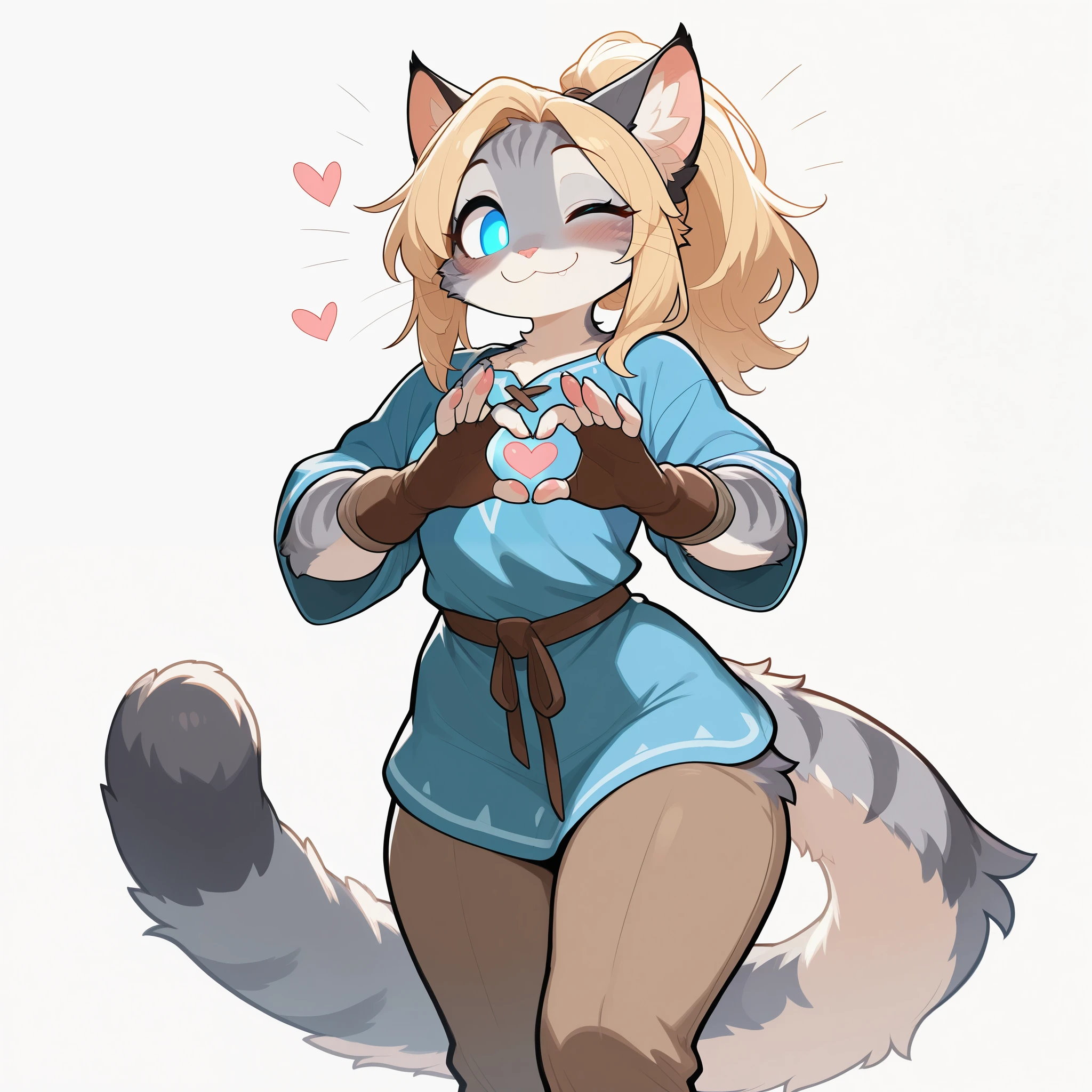 masterpiece, best quality, amazing quality, high resolution, absurdres, newest, countershading, katxl, adult female, Anthro furry feline cat girl, glowing blue eyes, grey striped fur, cheek fluff, blonde hair, ponytail, small chest, fingerless brown gloves, cat ears, :3, blue tunic, winking, heart gesture, , looking at viewer , white background, brown pants