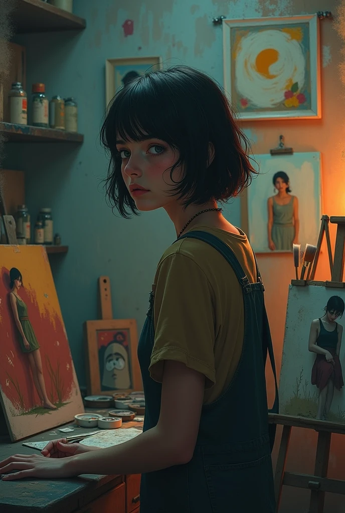 Mousumi in her small, cluttered apartment, surrounded by unfinished paintings and art supplies, looking tired yet hopeful.