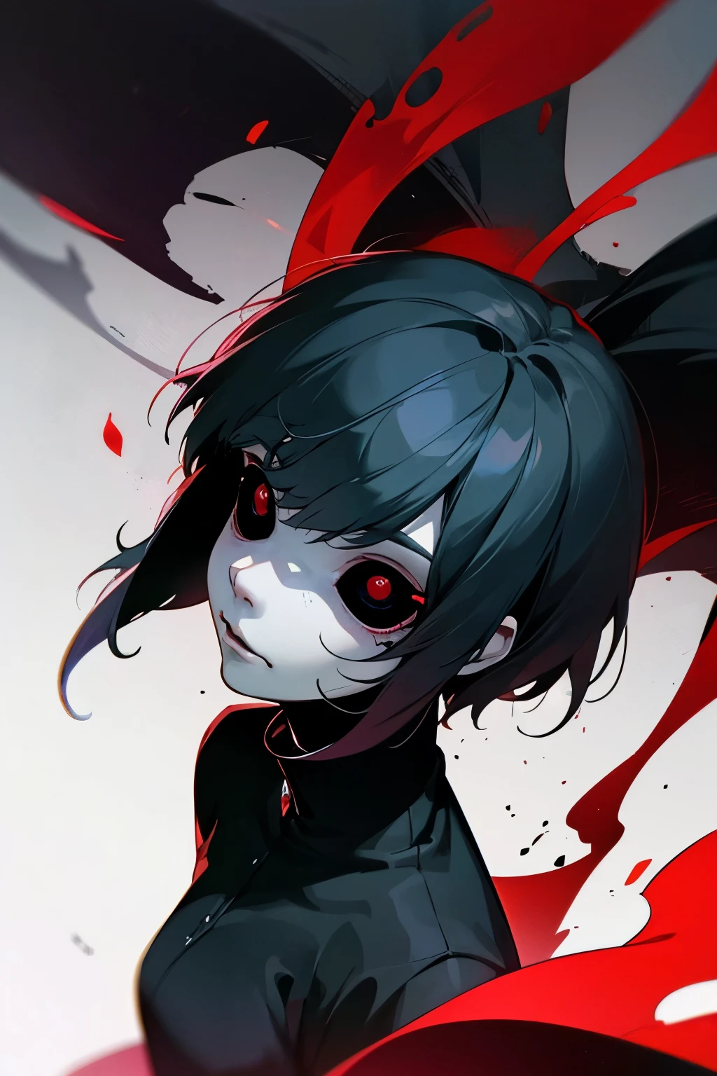 drawn in the signature style of Sui Ishida (Tokyo Ghoul). The image features an anime girl with glowing red irises and black sclera, creating an intense and otherworldly gaze. Her black hair is slightly messy, with strands falling over her face, enhancing her mysterious and eerie aura. Her expression conveys a mix of melancholy and strength. The artwork is highly detailed, using strong contrasts, expressive inking, and dynamic shading techniques typical of Tokyo Ghoul. 