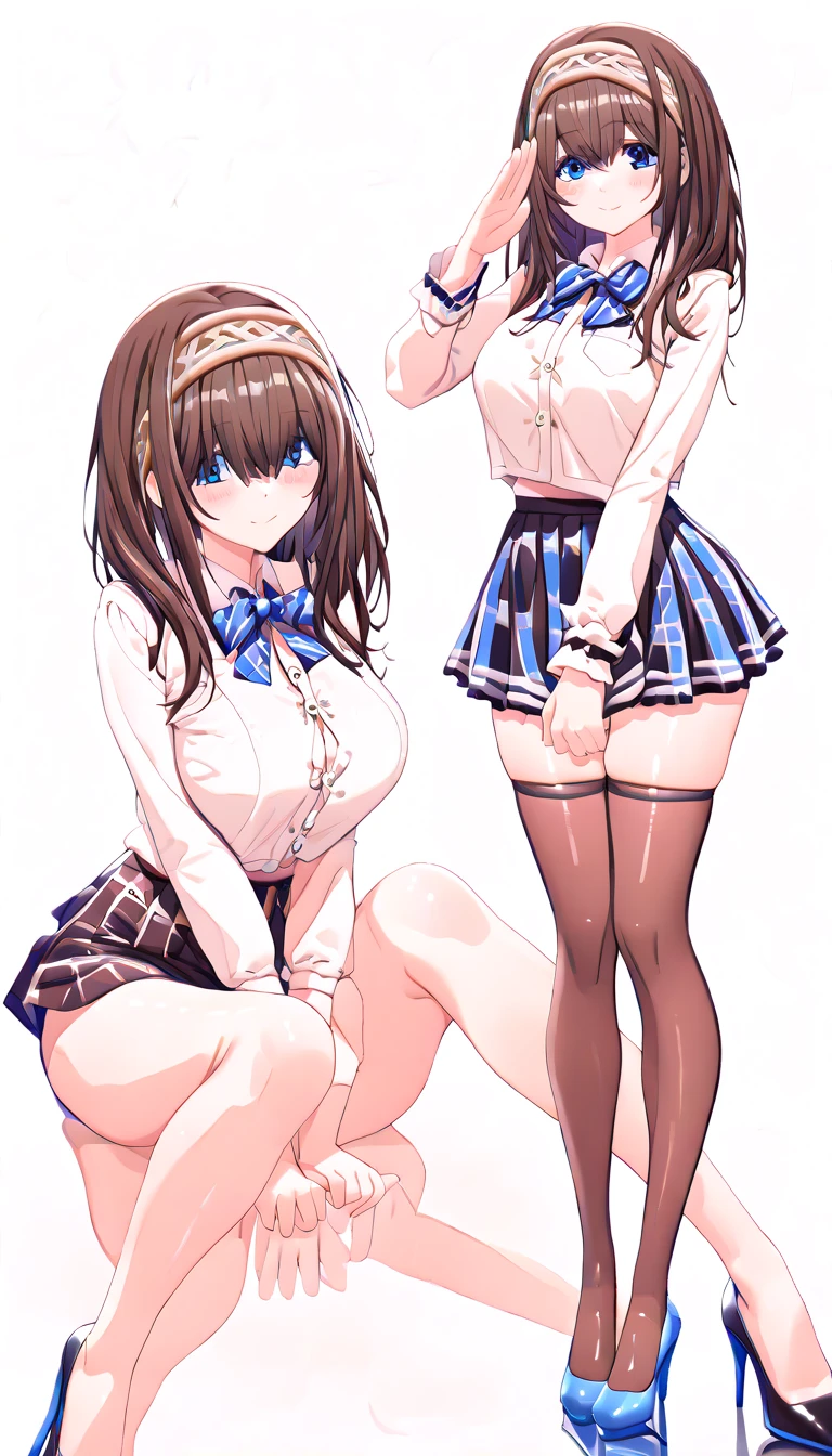 ((1 Girl))Happy,high school girl、Uniform Station Front、blush、From below、from the front((Multiple Views))Best image quality,High brightness,Lace panties,Garter Straps、garter belt、Panty stocking、mini skirt,hair band、Knee-high boots