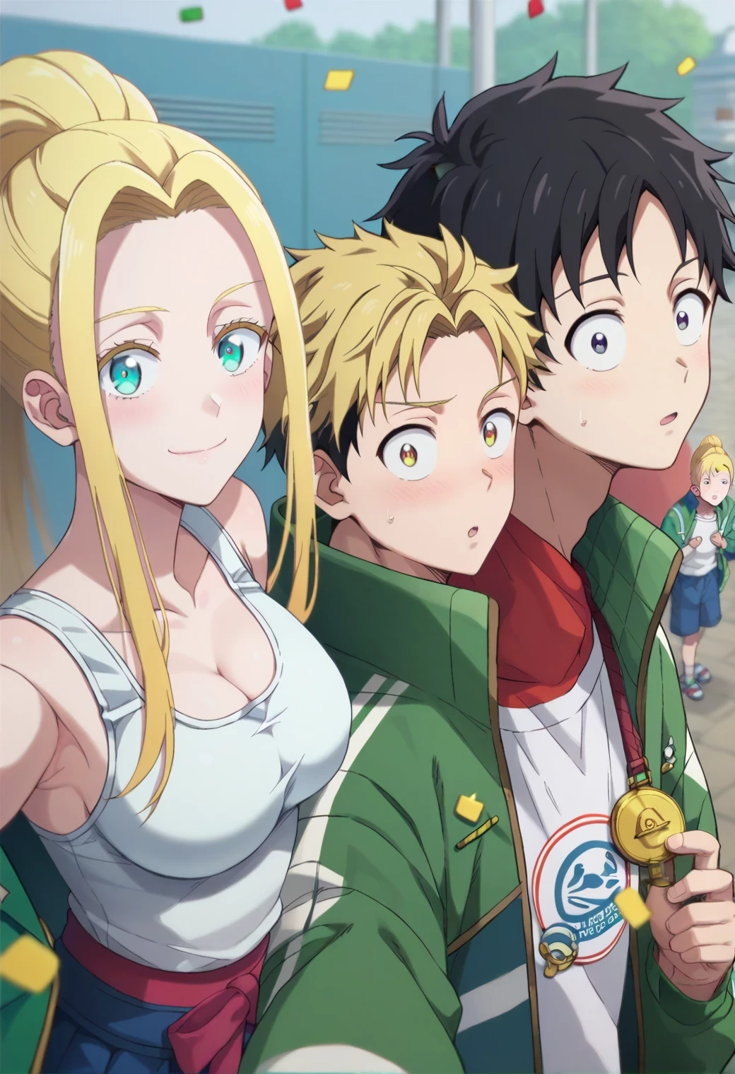 selfie, a girl, a , encompass, Romper Tendo Akira, white shirt, green jacket, open jacket, Beatriz Ammerhauser, white tank top, bare shoulders, BREAK
punctuation_9, punctuation_8_ superior , punctuation_7_ superior , punctuation_6_ superior , anime