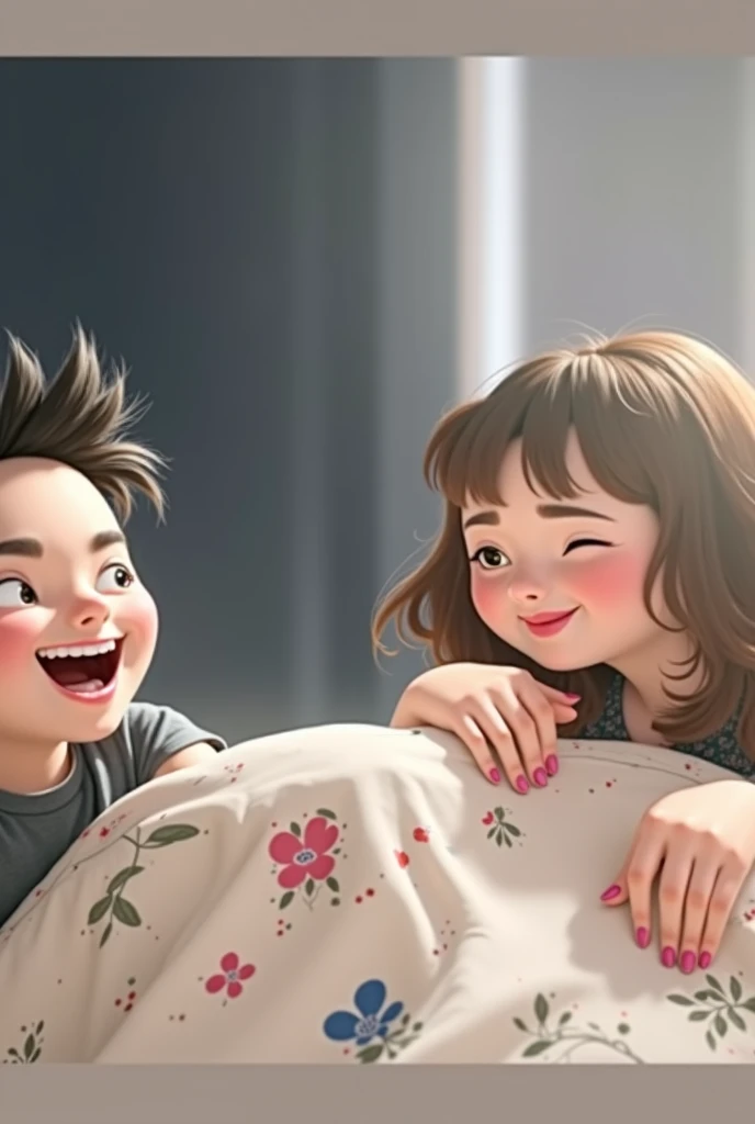create the image of a scene between a character laughing while another tickles her feet