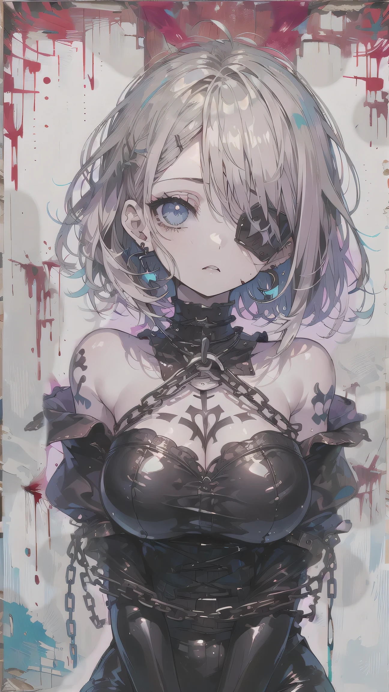,background(( abstract painting,blood))(Big Eyes:1.4)1 girl, , GLOVING SKIN, high contrast((mastepeice, Top Quality))(eyeshadow:1.3)(Eyelashes:1.ung girl with short blond bob, Blue droopy eyes, short hair(bungs:1.5)solo,earrings, Viewers, bondage,leather,Bare Shoulder,upper body, Tattoo, eyelashes, model, eyeshadow(nsfw, nude, restrained, chain)Eye patch on one eye
