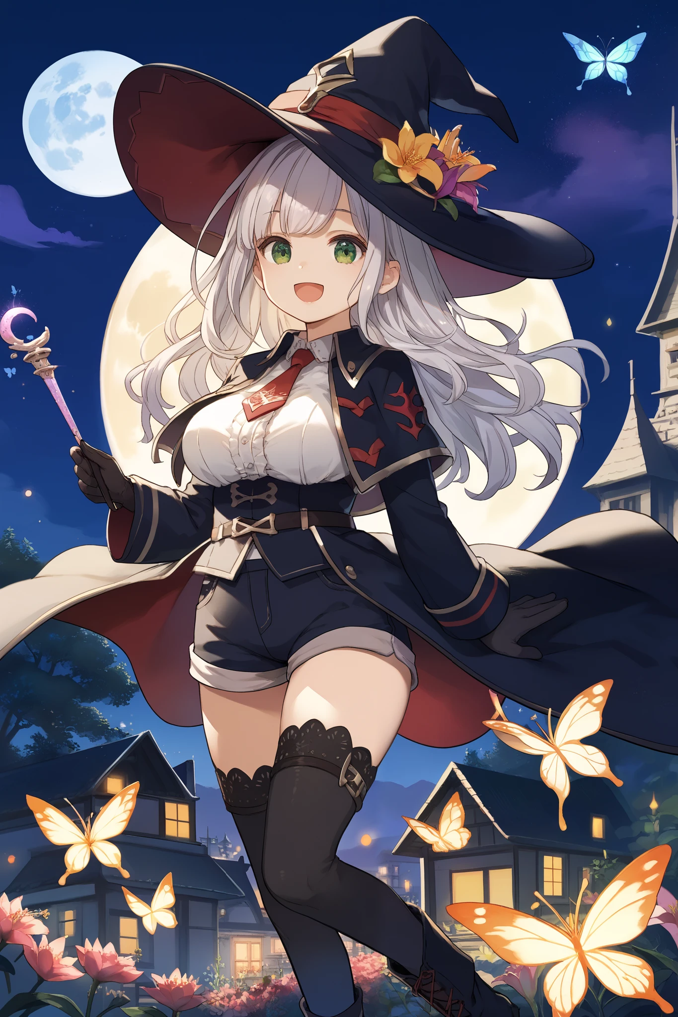 best quality, integrated scenery, integrated background, extremely delicate and beautiful, meticulous details, good composition, , cute face, perfect face, perfect hands,masterpiece, best quality, witch hat, black gloves, thighhighs, looking at viewer, smile, night, trees, black_cats, crows, moon ,large_breasts,dark_night_town_sky_landscape cutout, smile ,light_open_mouth, old_town,happy,ung_girl,full_of_beans,very_long_blond_hair,(very_long_swept_bangs:1.1), asymmetrical_bangs ,glower,rise_knee,short_shorts,short_boots,happy, floating_posing,rise_arms,large_flower_ornaments,red_tie,front_closed_black_military_formal_jacket,large_loose_belts,chest_pockets, Sagging_eyes,lily,dark_green_eyes, glitter_magic_effect,solo,1magic_wand, grip_magic_wand,(peak_Forehead:0.7),floating, Butterfly_pattern_lining