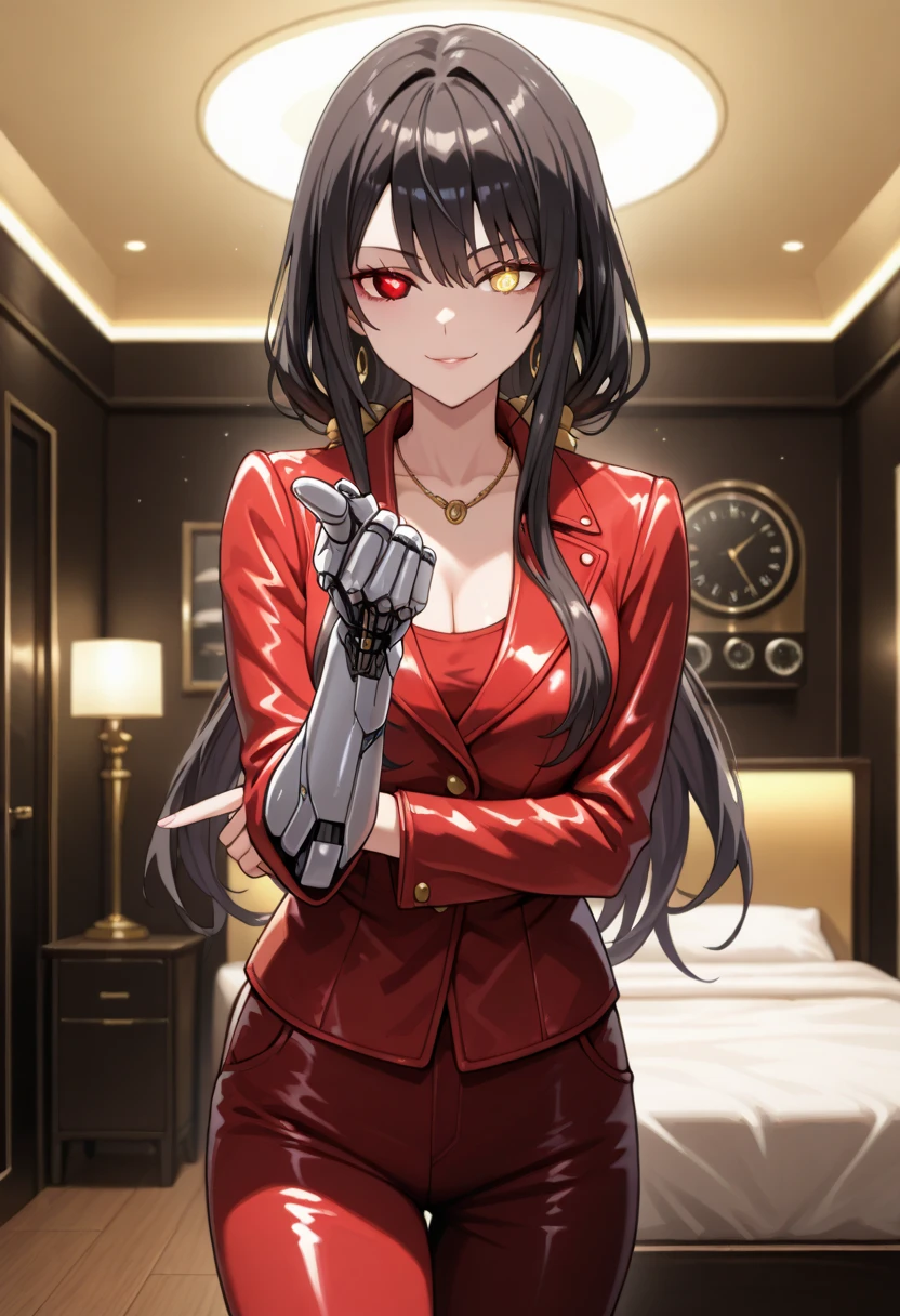 Masterpiece,better quality,incredible quality , Kurumi Tokisaki, a woman,black hair,long hair, red leather jacket,Red leather pants,gold necklace,senos grandes,seductive smile, lascivious expression ,lascivious look,robotic right arm with a laser,pointing the right robotic arm at the spectator,looking at the viewer,red left eyes,yellow right eye with clock pupil,bright eyes, Shine,hotel room