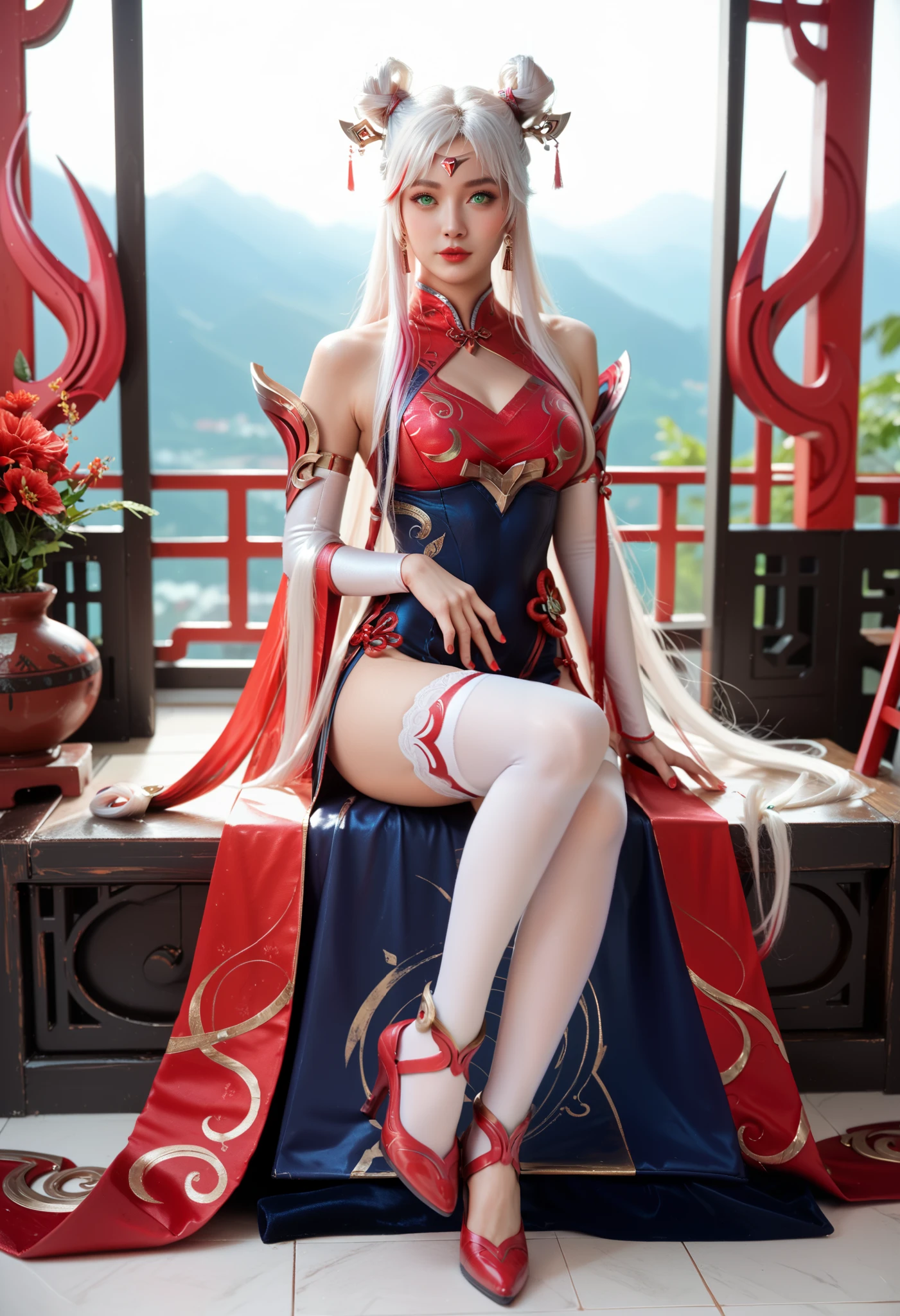 Irelia the mythmaker from league of legends. irelia_mythmaker,1girl,long hair,white hair, hair ornament,bare shoulders,detached sleeves,multicolored hair,dress,bangs,thighhighs,facial mark, green eyes,Chinese clothes,earrings,hair bun,jewelry,red lips,red nails,very long hair,double bun,forehead mark,hair rings,white thighhighs,red shoes,Full body. 8k ultra hd, photorealistic, high detailed, en iyi görüntü, başyapıt.