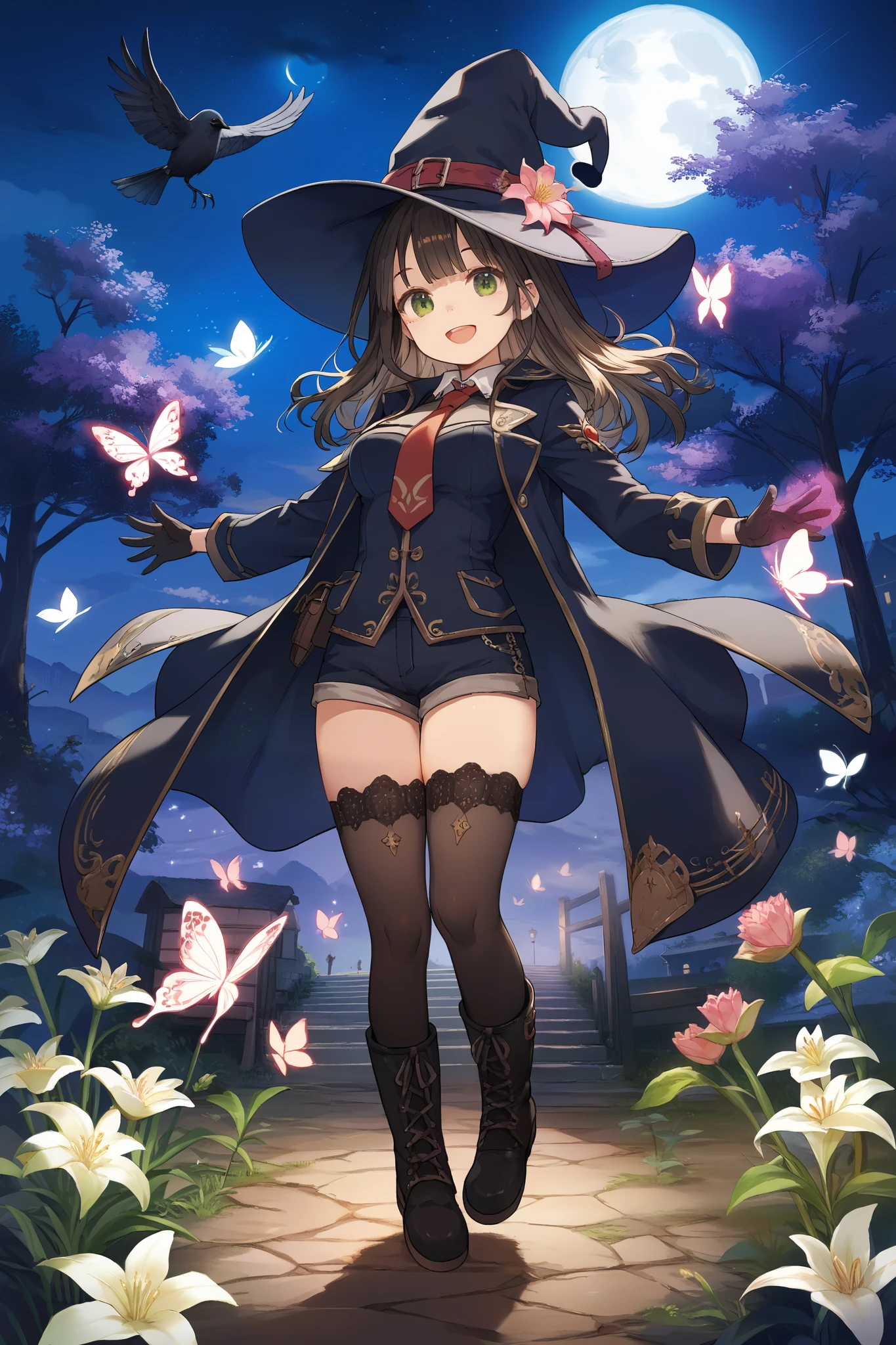 best quality, integrated scenery, integrated background, extremely delicate and beautiful, meticulous details, good composition, , cute face, perfect face, perfect hands,masterpiece, best quality, witch hat, black gloves, thighhighs, looking at viewer, smile, night, trees, black_cats, crows, moon ,large_breasts,dark_night_town_sky_landscape cutout, smile ,light_open_mouth, old_town,happy,ung_girl,full_of_beans,very_long_blond_hair,(very_long_swept_bangs:1.1), asymmetrical_bangs ,glower,rise_knee,short_shorts,short_boots,happy, floating_posing,rise_arms,large_flower_ornaments,red_tie,front_closed_black_military_formal_jacket,large_loose_belts,chest_pockets, Sagging_eyes,lily,dark_green_eyes, glitter_magic_effect,solo,1magic_wand, grip_magic_wand,(peak_Forehead:0.7),floating, Butterfly_pattern_lining
