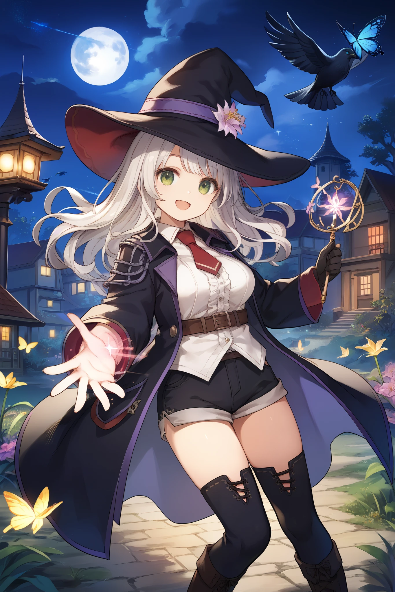 best quality, integrated scenery, integrated background, extremely delicate and beautiful, meticulous details, good composition, , cute face, perfect face, perfect hands,masterpiece, best quality, witch hat, black gloves, thighhighs, looking at viewer, smile, night, trees, black_cats, crows, moon ,large_breasts,dark_night_town_sky_landscape cutout, smile ,light_open_mouth, old_town,happy,ung_girl,full_of_beans,very_long_blond_hair,(very_long_swept_bangs:1.1), asymmetrical_bangs ,glower,rise_knee,short_shorts,short_boots,happy, floating_posing,rise_arms,large_flower_ornaments,red_tie,front_closed_black_military_formal_jacket,large_loose_belts,chest_pockets, Sagging_eyes,lily,dark_green_eyes, glitter_magic_effect,solo,1magic_wand, grip_magic_wand,(peak_Forehead:0.7),floating, Butterfly_pattern_lining