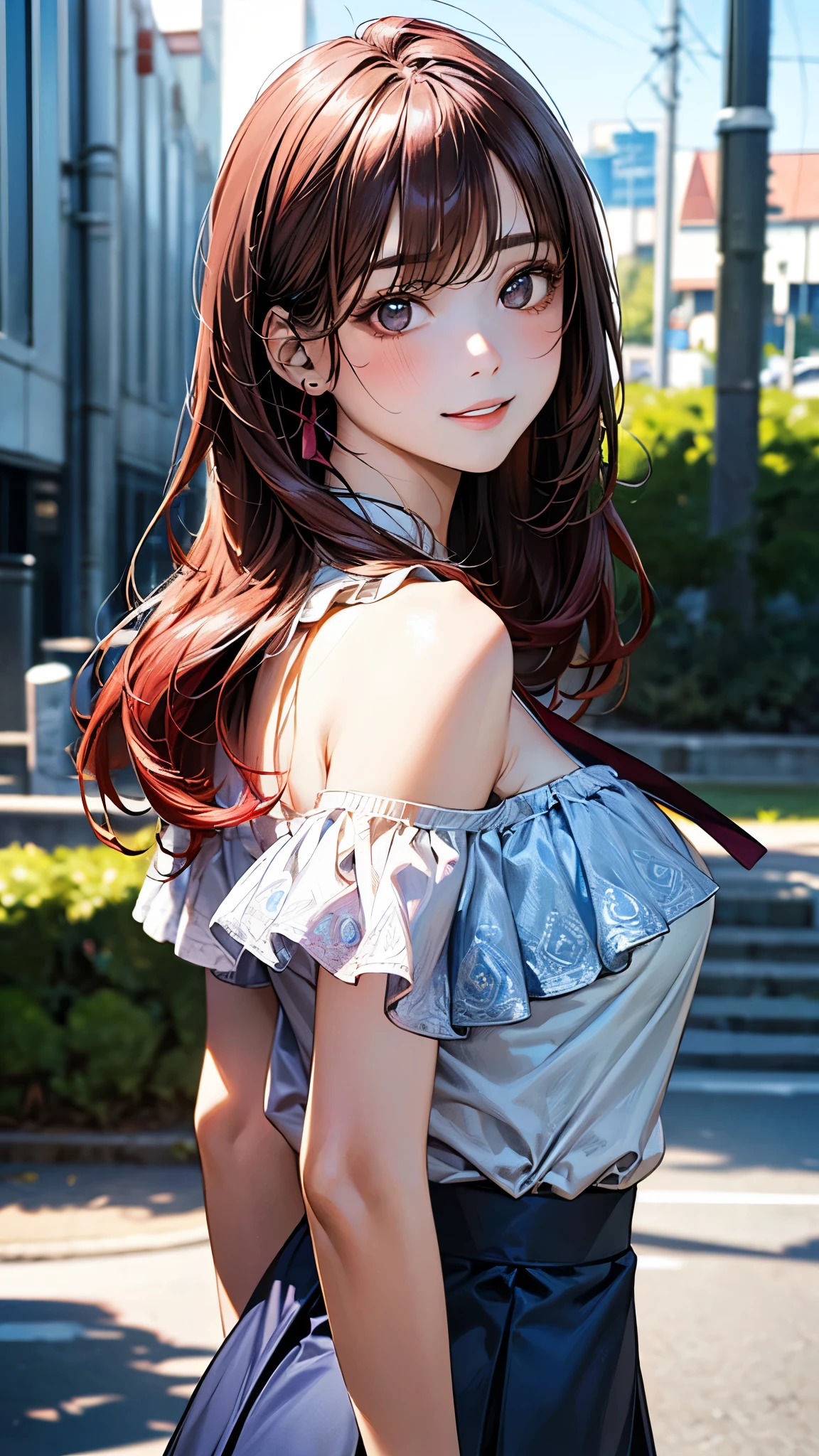 highest quality、4K quality、lean against the wall、Beautiful cleavage、Beautiful Style、tall、Small breasts、Bare buttocks、Small Ass、Shy face、20-year-old、Bare shouldery skirt is blown up by the wind、ultra detail eye,Shooting from behind、Off-the-shoulder summer dress、Stick your tongue out and lick the wall、Drooling、sweaty face