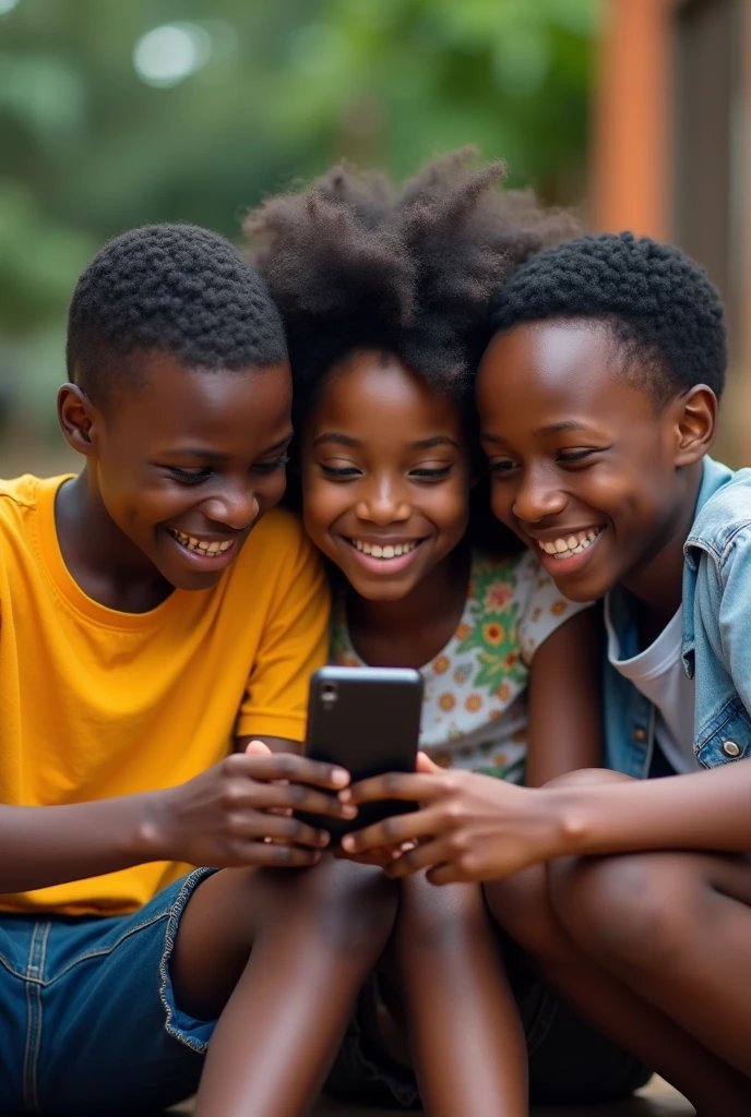 "A vibrant scene set in the heart of Area 49, a bustling urban neighborhood in Lilongwe, Malawi. Five Malawian boys, all around the age of 12-15, with dark skin and short, curly hair, are gathered around, playing PUBG on their smartphones. They are wearing casual, stylish clothing—bright T-shirts, jeans, and sneakers—reflecting their love for modern trends. The boys are sitting on a simple concrete stoop in front of a modest brick house, with a dusty street and other similar homes visible in the background. Despite their surroundings, the mood is full of energy and excitement as they strategize and laugh together, deeply immersed in the game. The image captures the contrast between their humble environment and the advanced digital world they are engaging with, highlighting the universal appeal of gaming and the vibrant youth culture in Malawi.