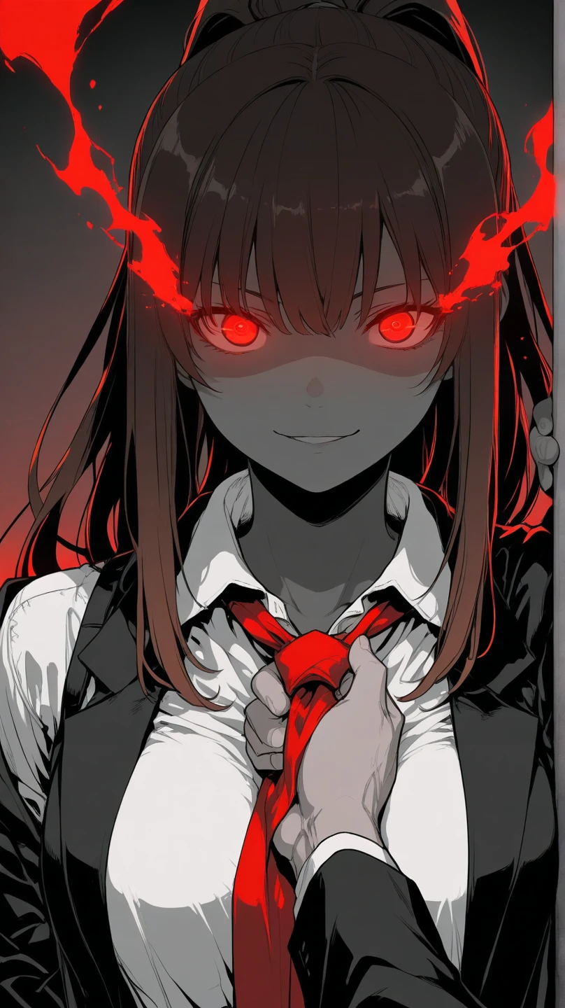 anime, a woman with long hair and a tie, wearing a suit, gapmoe yandere grimdark, by Jin Homura, gapmoe yandere, portrait gapmoe yandere grimdark, yandere, ( ( ( yoshinari yoh ) ) ), yandere. tall, with red glowing eyes, akane owari danganronpa