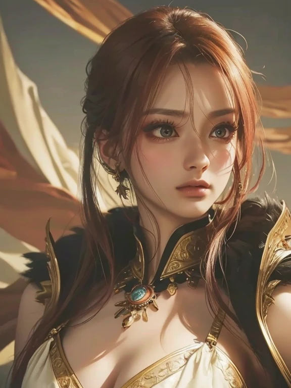young Dragon-Girl, deep red hair, big hair, portrait, serious face, small breast, heterochromia, one yellow eye, Princess of Dragons, Dynasty of fire