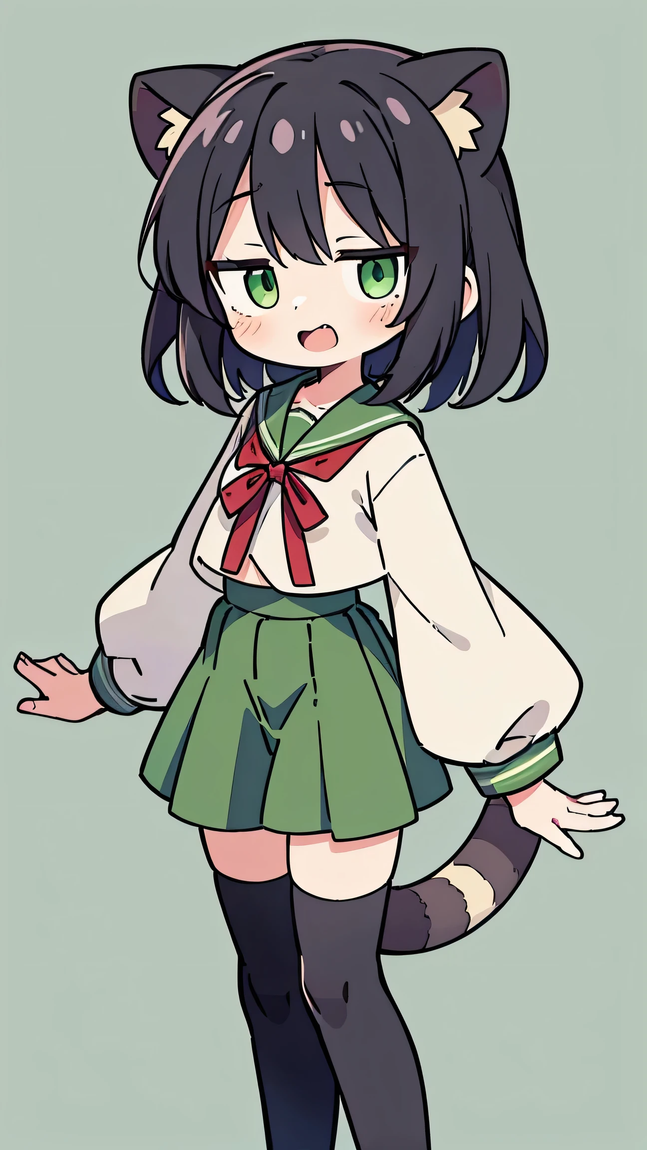 Anime Style、 female、 Raccoon Ears、Raccoon Tail、black hair、 short hair、 Green Sailor Suit、red ribbon、 Green Long Skirt 、knee-high、simple background with k batons、 green eyes、laughing、tired expression、is small and open your mouth