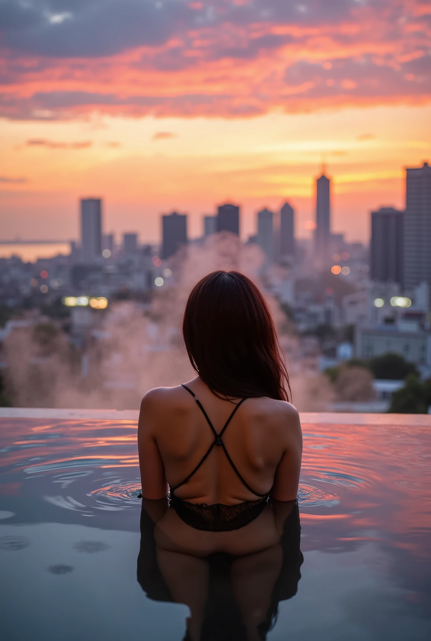 Set against the backdrop of a bustling urban skyline at sunset, the onsen reflects modern luxury juxtaposed with nature. The young woman sits comfortably in the warm waters, her mesh swimwear are wet, make it see through. As the sun sets, the sky transforms into a dramatic tapestry of orange, purple, and deep blue, mirrored by the shimmering city lights as they begin to illuminate the skyline. The atmosphere is lively and invigorating, as the sounds of the city mingle with the gentle lapping of water. A wide-angle shot captures the juxtaposition of the natural steam rising from the onsen and the edgy silhouette of skyscrapers in the distance, embodying a seamless blend of relaxation and urban energy, highlighting the unique charm of modern living in harmony with nature. wh3ein
