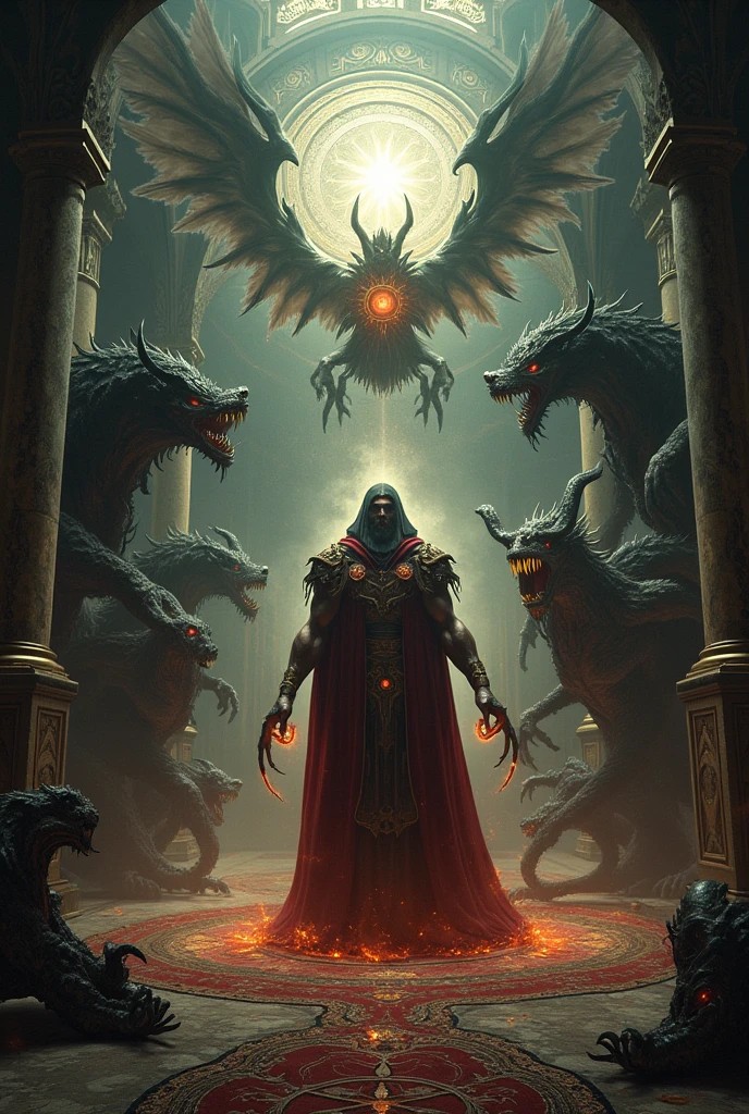 monstrous, Beautiful, Masterpiece, Best quality, perfect lighting, NSFW, monster smile with crooked fangs, mask covering eyes, Very skinny, disproportionately long arms, head of a vulture, scruffy dirty feathers, A sinister aura, something, chained, deity, cultist clothing, full body