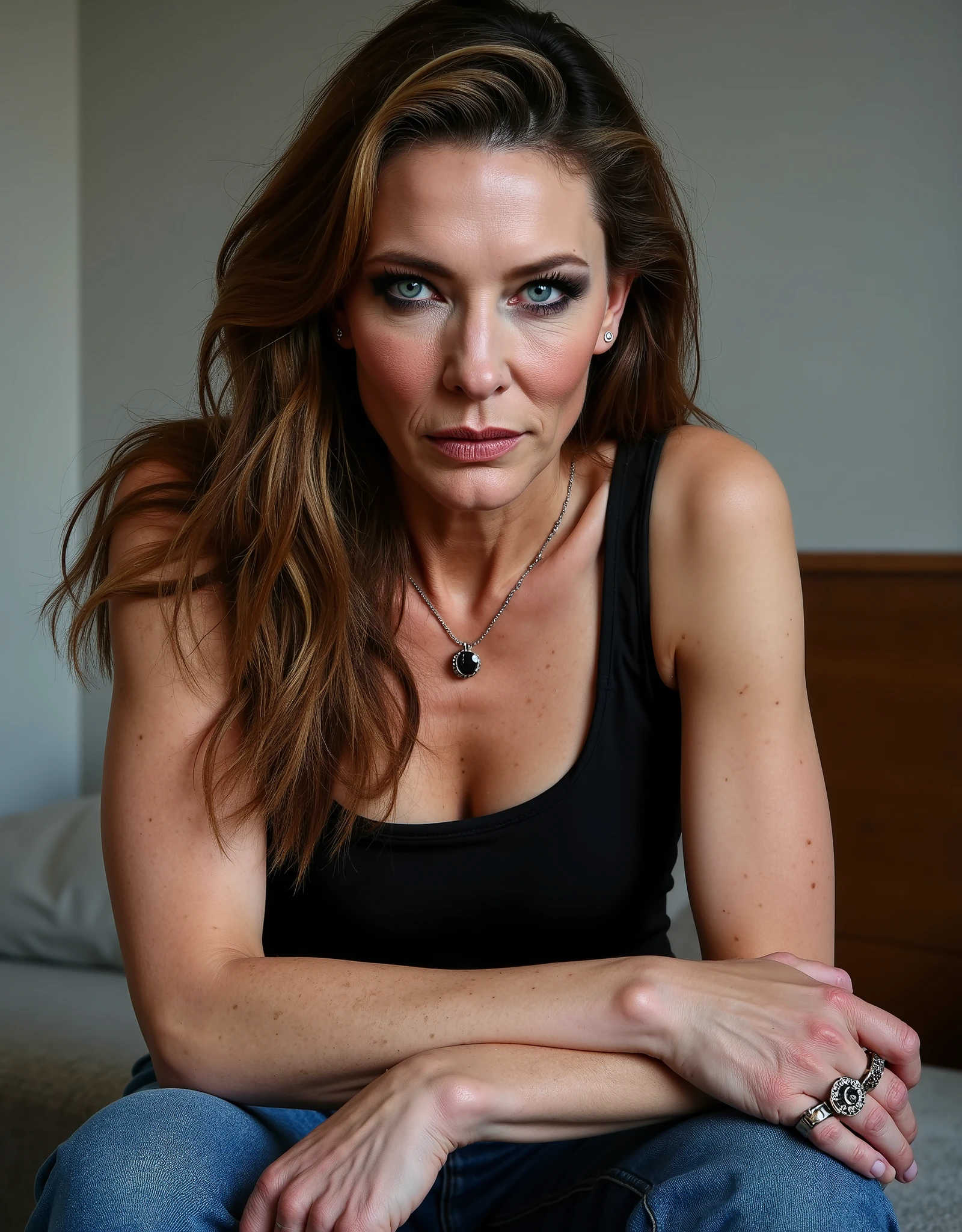 score_9, picture of 1girl, mature, 63 years old, sexy body, sexy posing, european, full body visible, posing, standing, dominant, goddess, seductive posing,standing, Long brown hair, fit, long legs, bright blue eyes, ((small skinny waist)), feminine, (skintight top), wearing tight jeans, (skinntight jeans), in a neutral room, natural skin, thick eyebrows, aged skin, black eyeliner and long lashes, wearing makup, long fingernails, wearing silver rings, wearing silver necklace, german:1, stern, looking down on you, domineering expression, impatient, good lighting, long strainght hair with bangs, shadows, slim skinny body, candid, perfect eyes, Reddit, amateur, real life photo, full body shot, low camera angle