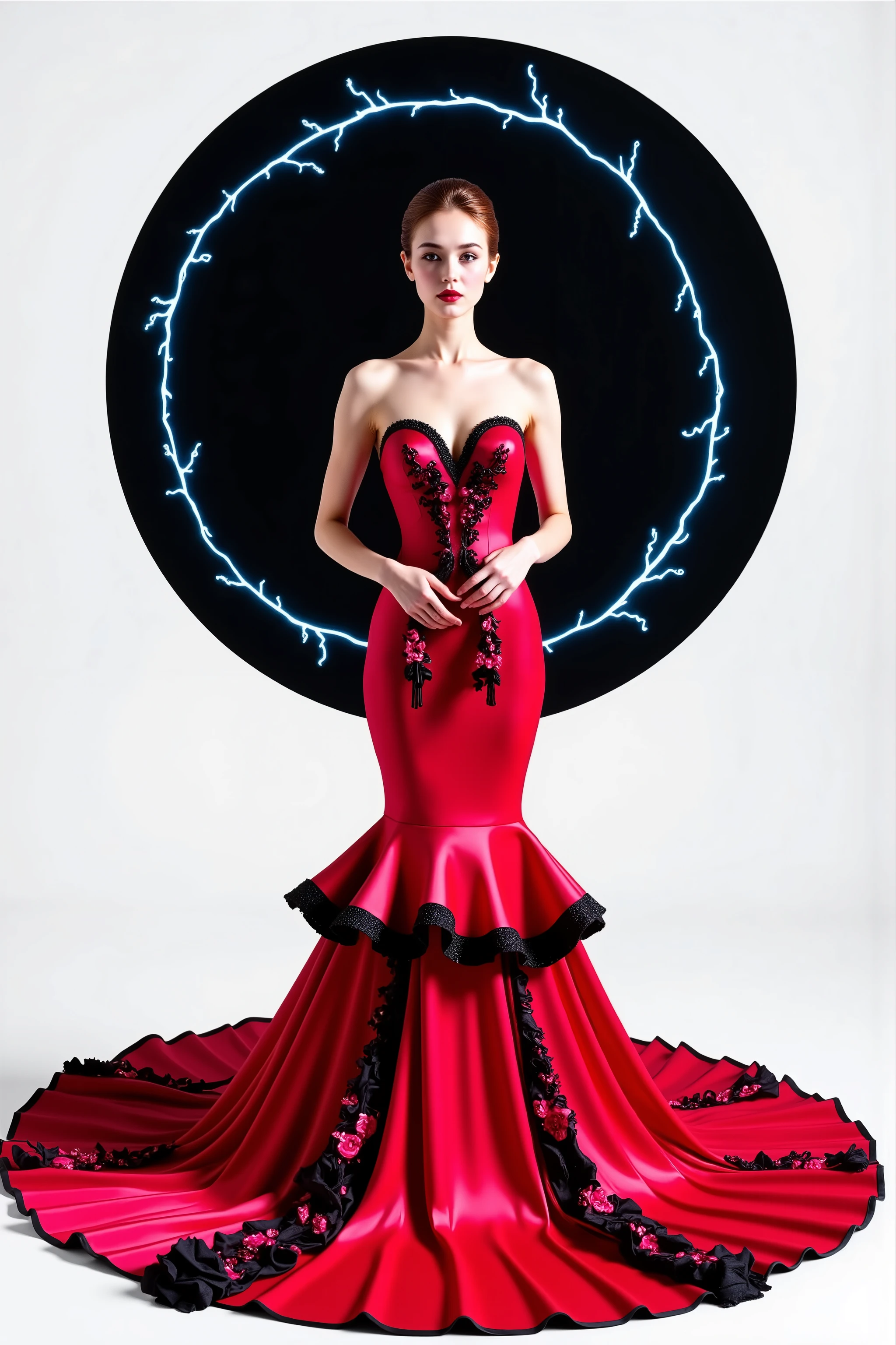 A very tall attractive young woman, f_b, is modeling a red silk and satin mermaid style extra full-length gown with a flared skirt that extends several yards in circumference on the floor around her feet with black embroidery at the end of the circle of fabric. There are also three columns of bunched up fabric in ruffles that hang from mid thigh down past the knee with a pink floral pattern accenting the gown. Shot in a professional studio with a solid white background, except for a black hollow circle with blue lightning bolts swirling around it over and over again. Keep the background the same for every image made. ((Facing the viewer. Direct eye contact.)) Sparkling eyes. Icon style poses. Makeup, false eyelashes, lipstick, lip gloss. Very long wavey hair. Ultra-realistic, photo-realistic, ultra-detailed, insane 3D realism, cinematic photography, cinematic lighting, cinematic portrait, portrait photography, cinematography, full focus,UHDR, hyperrealistic, startling, stunning, Awe Inspiring,Breathtaking, Indescribably Beautiful, perfect symmetry, highres, masterpiece