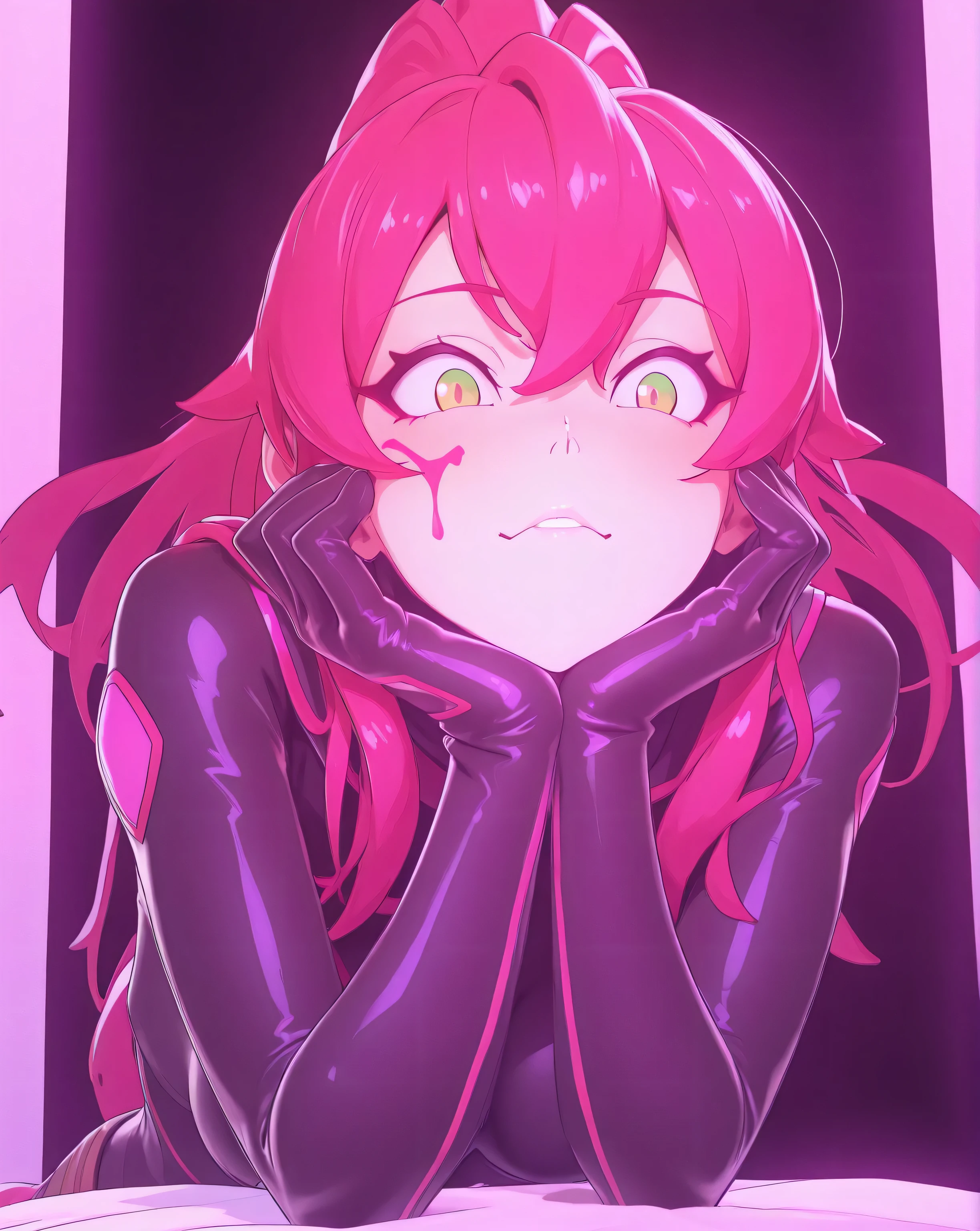 3dmm,Masterpiece,best quality, evil twin ki sikil:1.0, evil twin ki sikil outfit:1.0, black nylon bodystocking, anime 3D art style, silky clothes, bright colors,highly detailed,expressive facial features,dynamic pose,4k resolution,Arnold rendering masterpiece, very detailed picture, soft lighting, perfectly detailed face
