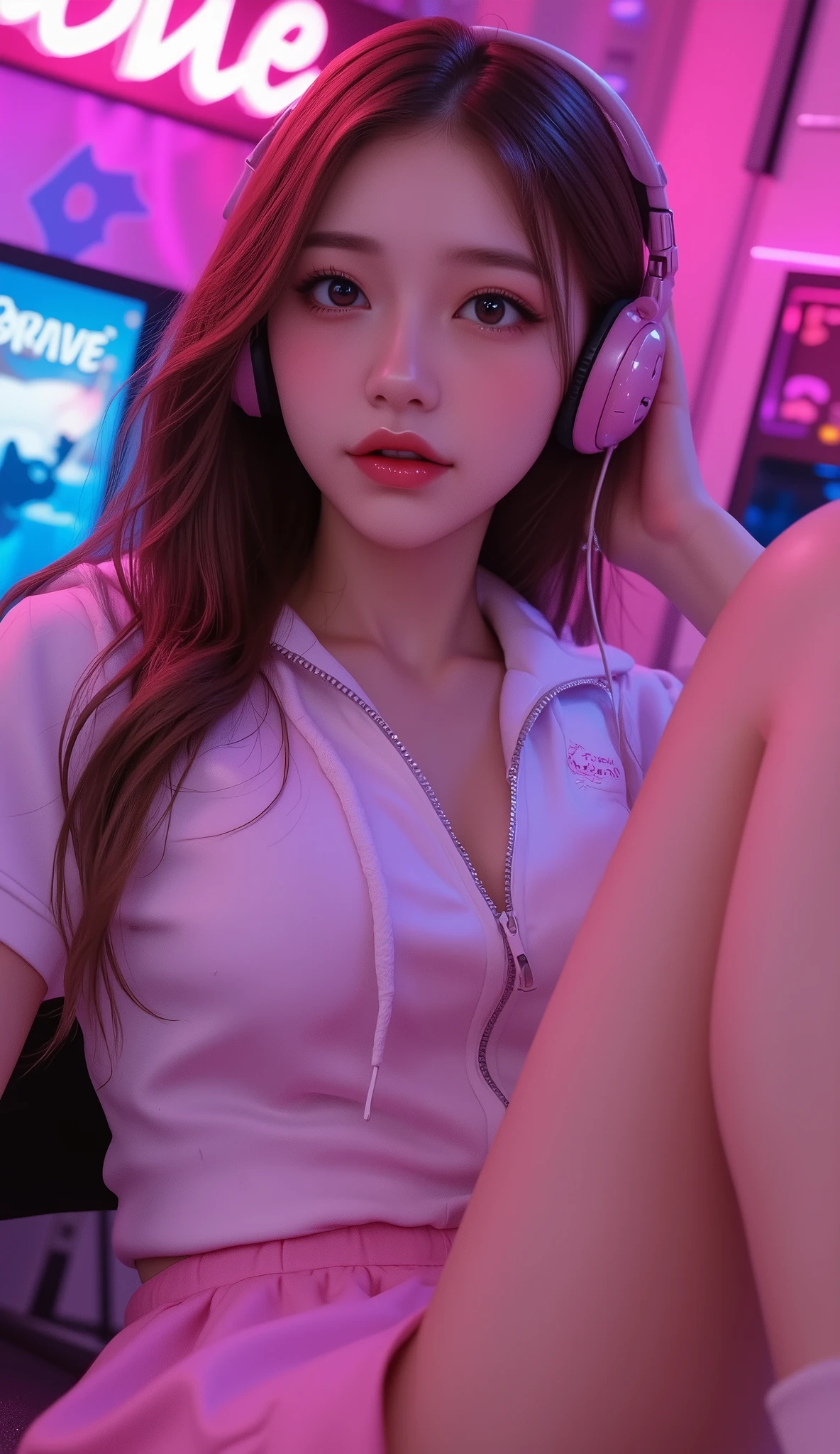 ( high quality deep background : 1.2 )、(white skin:1.2)、(very large breasts:1.2)、(showing off cleavage:1.2) 、HYPER REAL WOMAN , perfect body woman 、 (Top Quality 、 8k 、 masterpiece: 1 . 3)、 Clear focus: 1 . 2 、 highly detailed facial and skin textures 、 detailed eyes 、 double eyelids 、(long brown hair) 、 ( zipped hoodie、showing off cleavage:1.2) 、 (pink skirt) 、 gamer hello kitty headphones 、 Gamer girls 、 pink and purple gamer room 、 PC Gamer 、 (sitting in gamer chair:1.4 ) 、 brave game on screen 、 (realistic pictures)high resolution 、 high resolution 、 neon:1.5、Long, beautiful legs