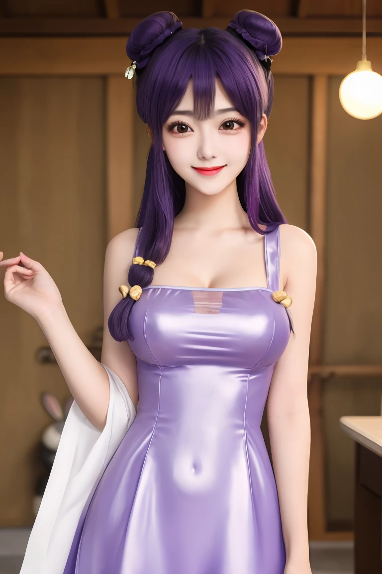 1girl ,lady nagant, boku no hero academia, purple hair,lipstick, blue eye shadow, solo, perfect breasts, earrings glossy lips ,looking at viewer, blush, large breasts, nature, pond, trees, park, long white elbow satin gloves, holding, animal ears, cleavage, bare shoulders, jewelry, very l, gentle smile, pantyhose, earrings, fake rabbit ears, purple leotard, fake animal ears bunny, long white elbow gloves, white gloves, cowboy shot, sexy poses