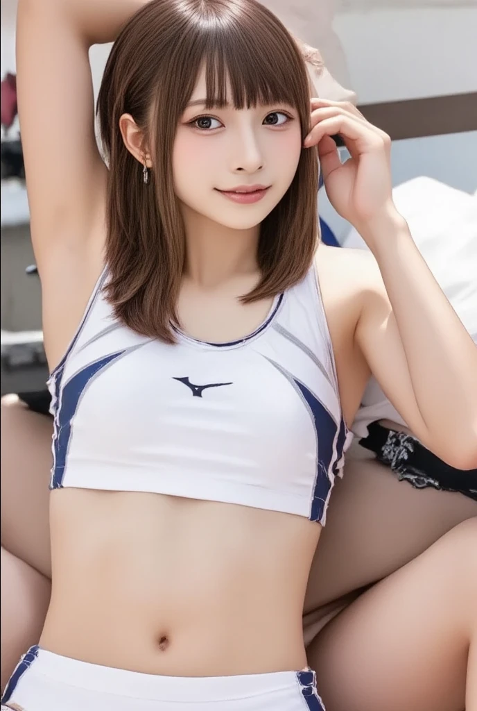 one girl, (a beauty girl, delicate girl:1.3), (:1.3),oily skin,sweat,Slender,dynamic pose,White shirt,Sweaty,marathon,running,Sprint, break,(nude:1.5),((,full nude,nude,bare bt,expe breast,bess,nipple,Smalla,embarrassed,pusse)), break, vne eyes,spread legsl body shot), (symmetrical eyes:1.3),eak, (city), perfectly trimmed fingers, break, (small breasts), brown eyes, parted bangs, brown hair, break, (eyes andwith detailed:1.0), break, (masterpiece, best quality, ultra detailed, detailed face, 8k),At the track and field stadium